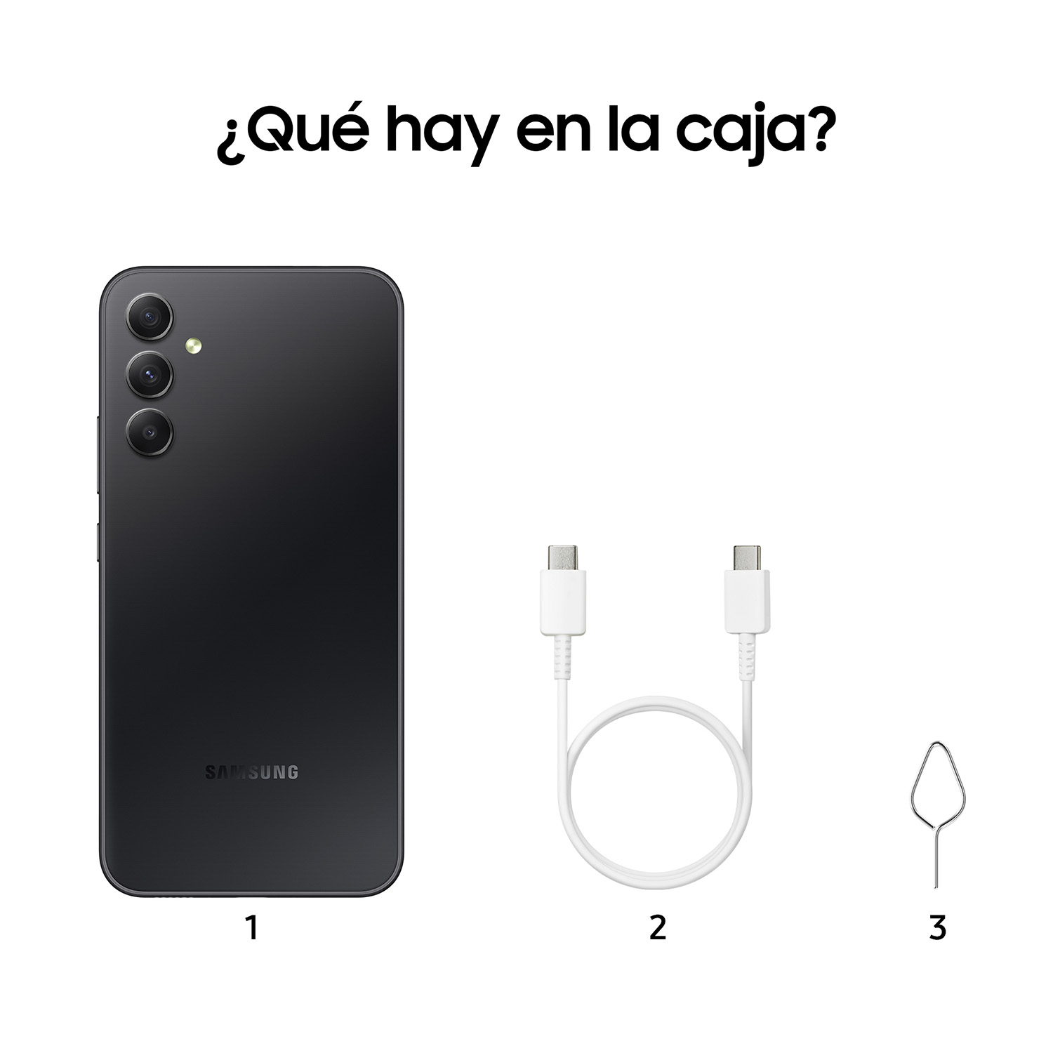 Un teléfono negro, un cable de carga blanco y una herramienta de expulsión SIM sobre fondo blanco.