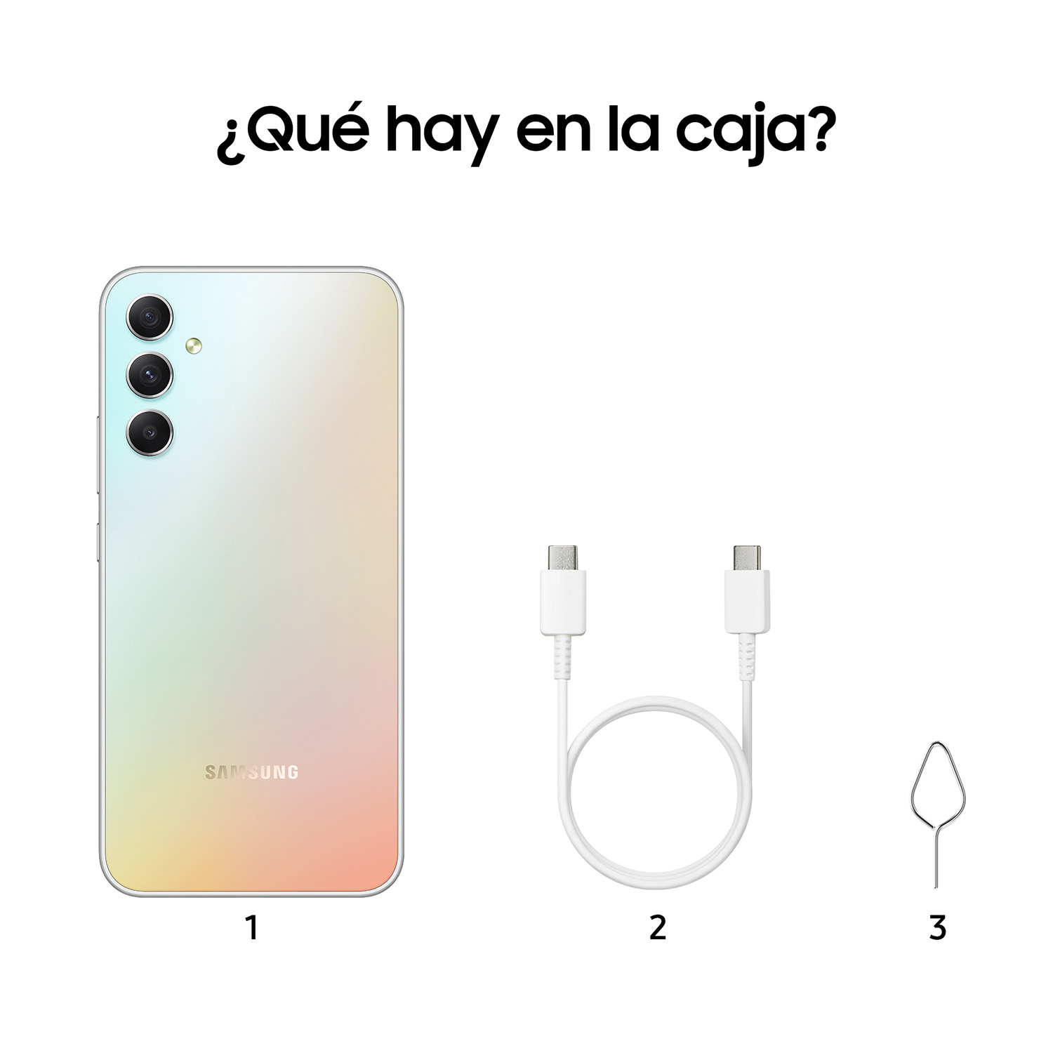 Teléfono blanco, cable de carga y un pin se muestran en una caja.