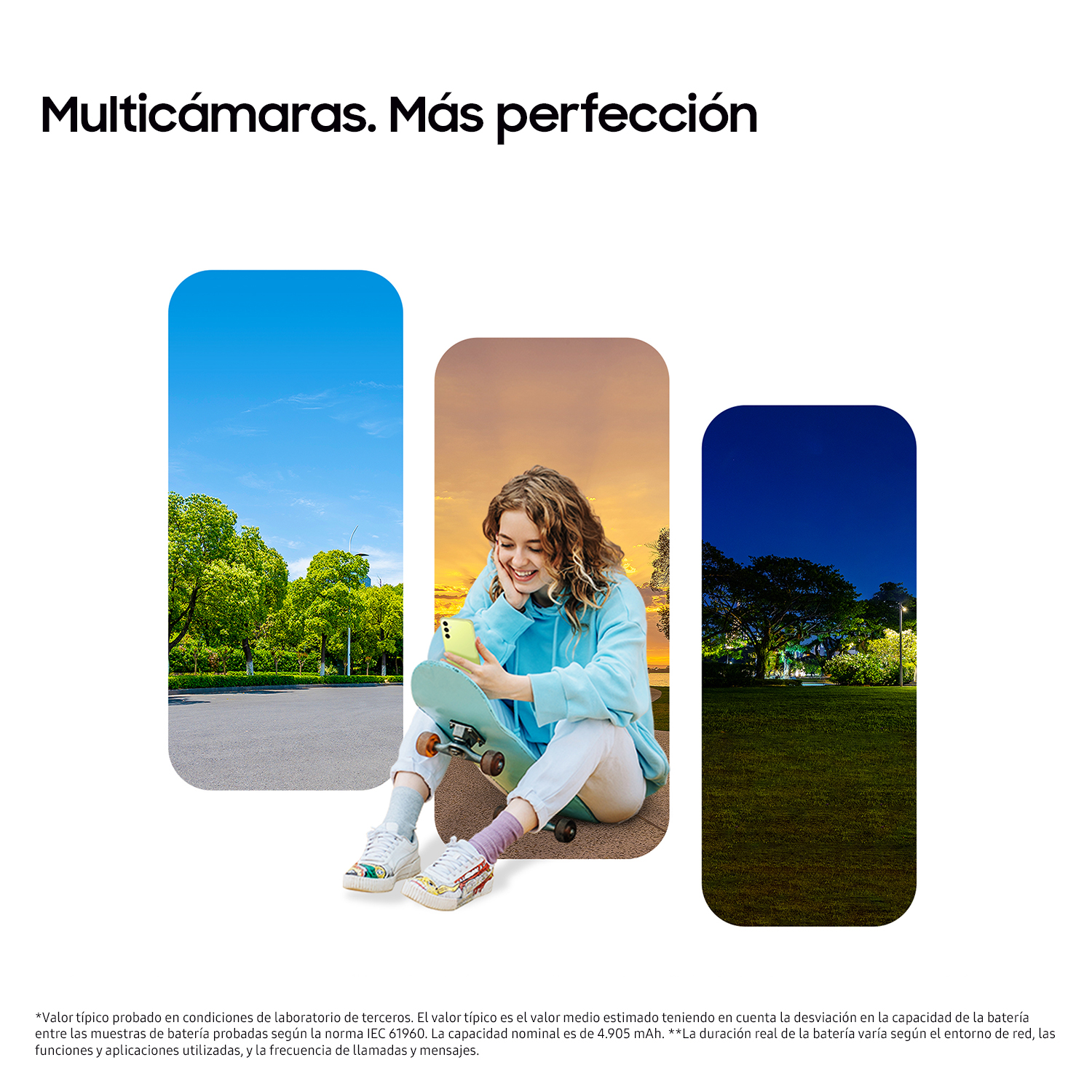 Una mujer en monopatín con teléfono en mano, rodeada de imágenes.