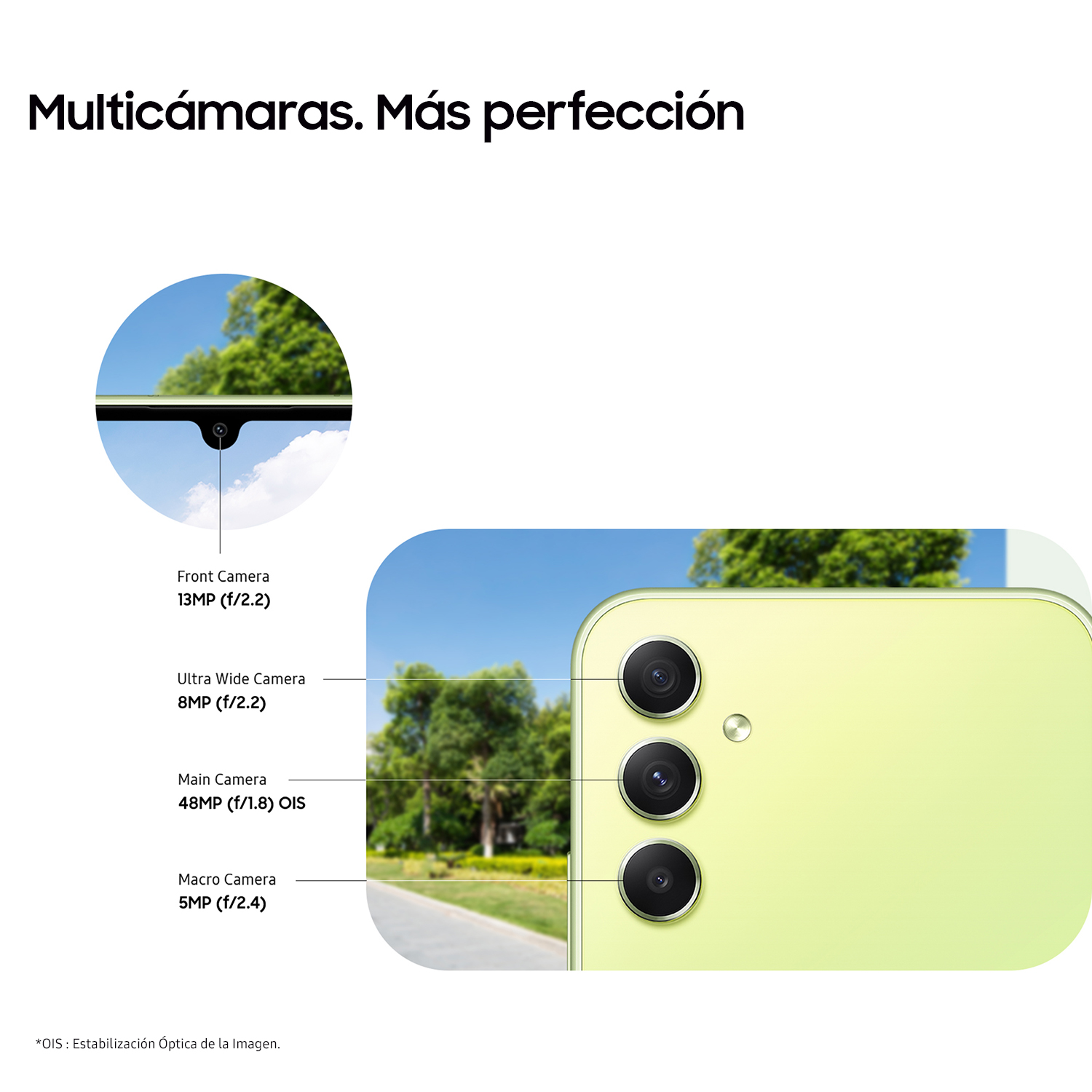 Un diagrama que muestra las cámaras traseras y las especificaciones de un teléfono.