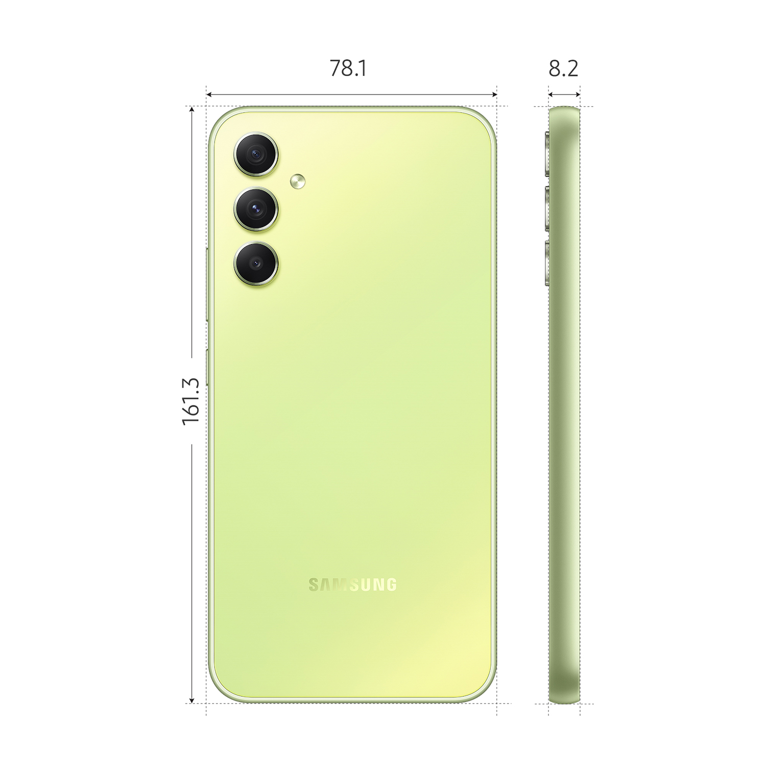 Un smartphone verde claro con tres cámaras y dimensiones en mm.
