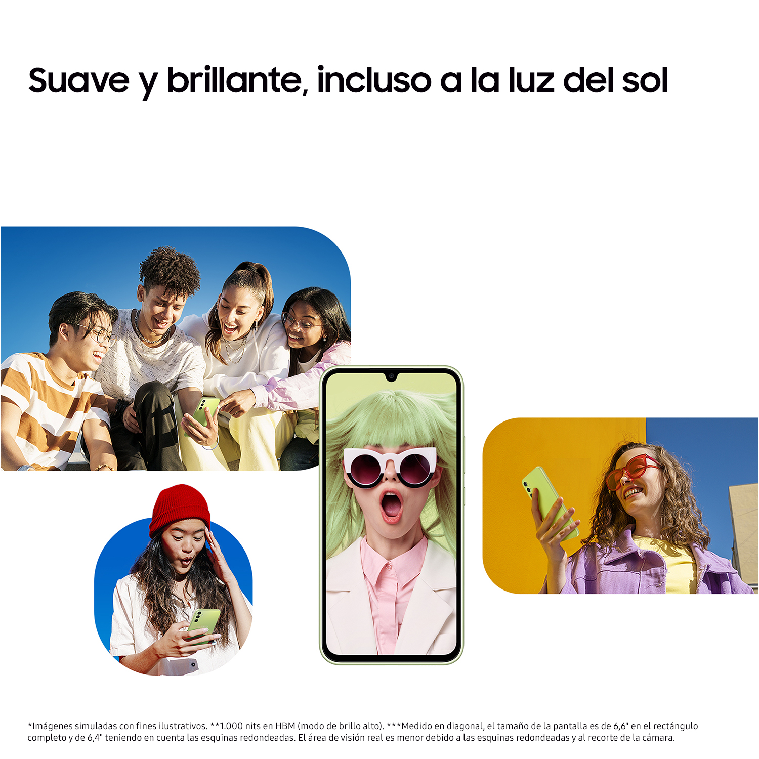 Grupo de personas con teléfonos afuera. Tres teléfonos más en la imagen.