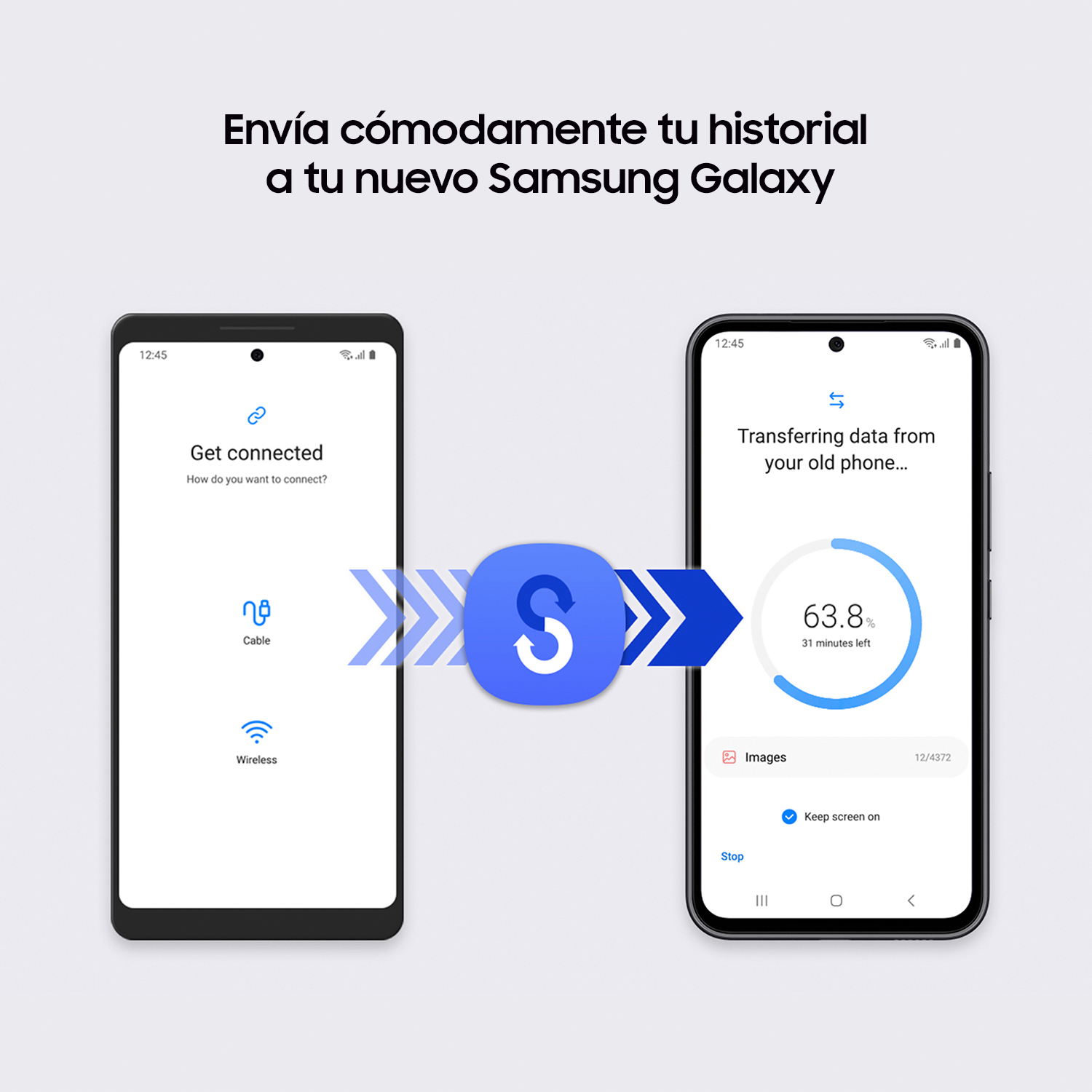 Dos smartphones con flechas y el logo de Samsung, fondo blanco.