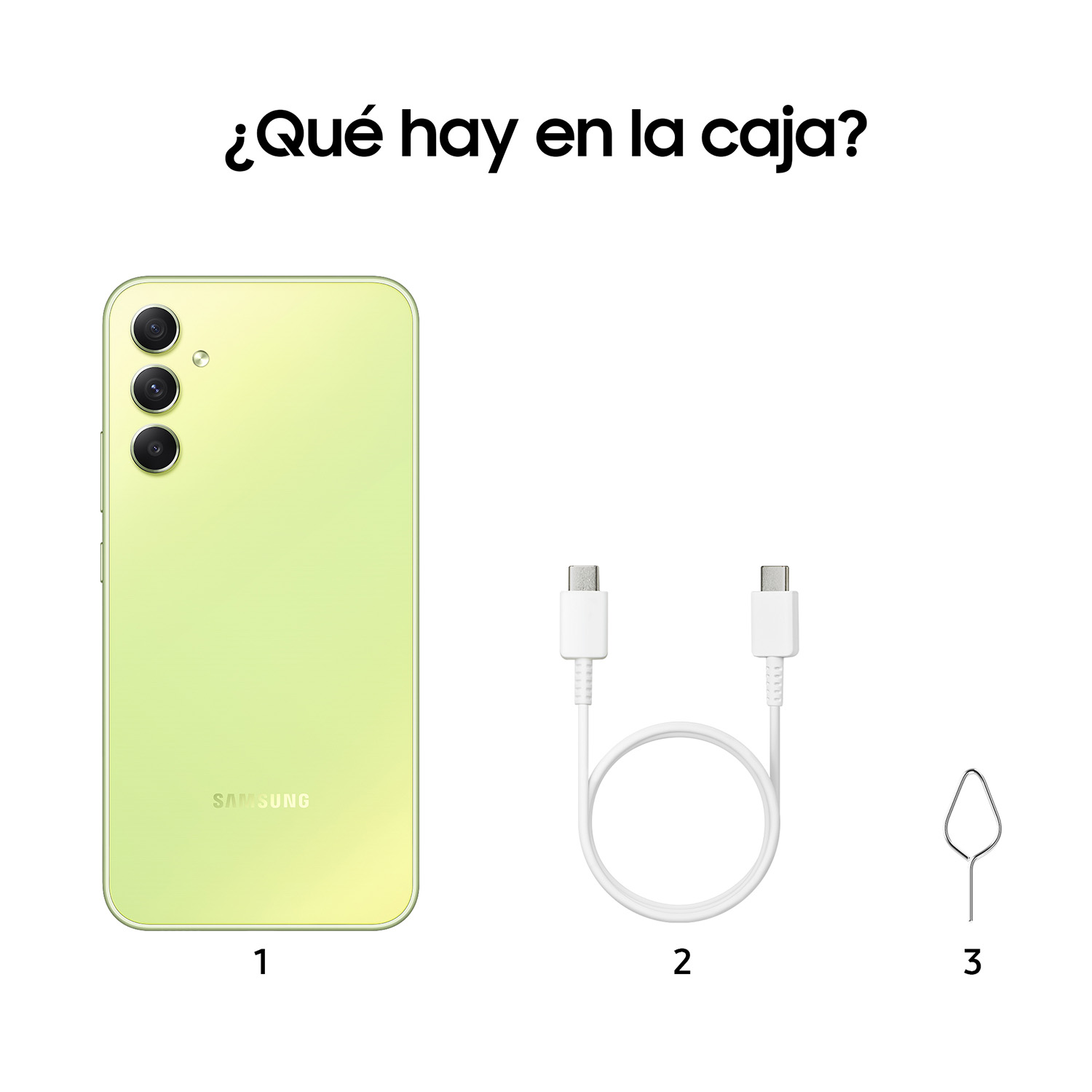 Un gráfico que muestra el teléfono, un cable y una herramienta de expulsión de SIM con números.