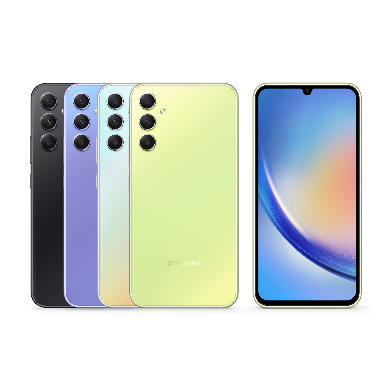 Cuatro smartphones coloridos en fila, negro, morado, celeste y amarillo. El teléfono amarillo está enfocado, con la pantalla visible.