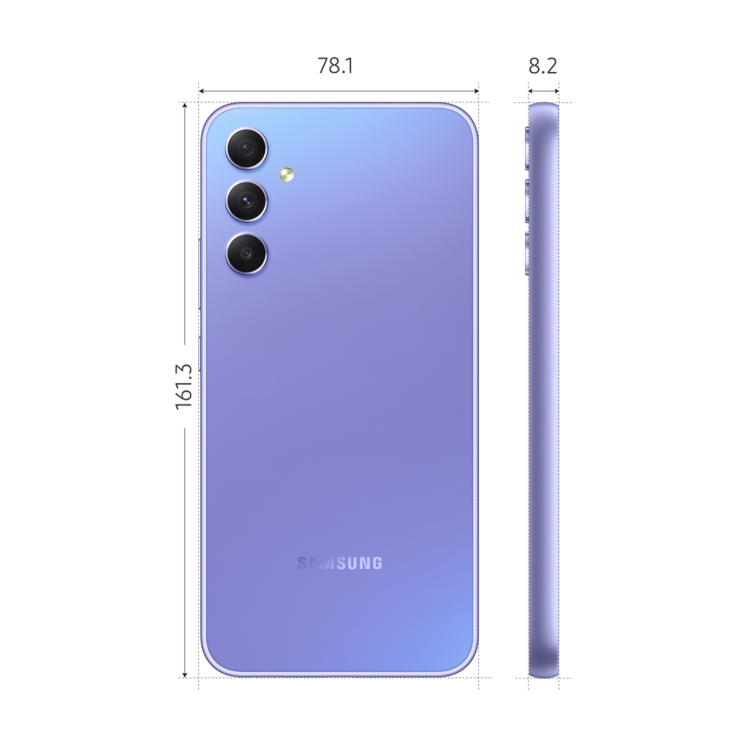 Un teléfono inteligente lila con dimensiones mostradas sobre un fondo blanco.