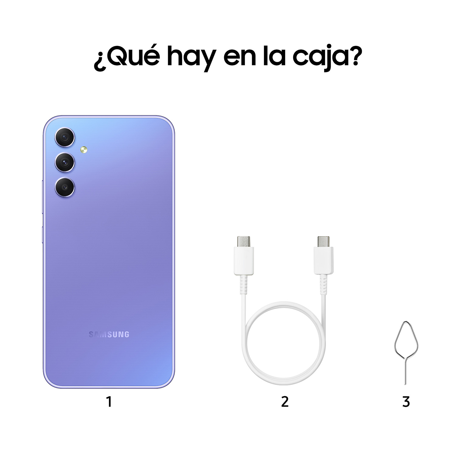 Contenido de una caja de teléfono: un teléfono morado, un cable de carga y una herramienta de expulsión de SIM.