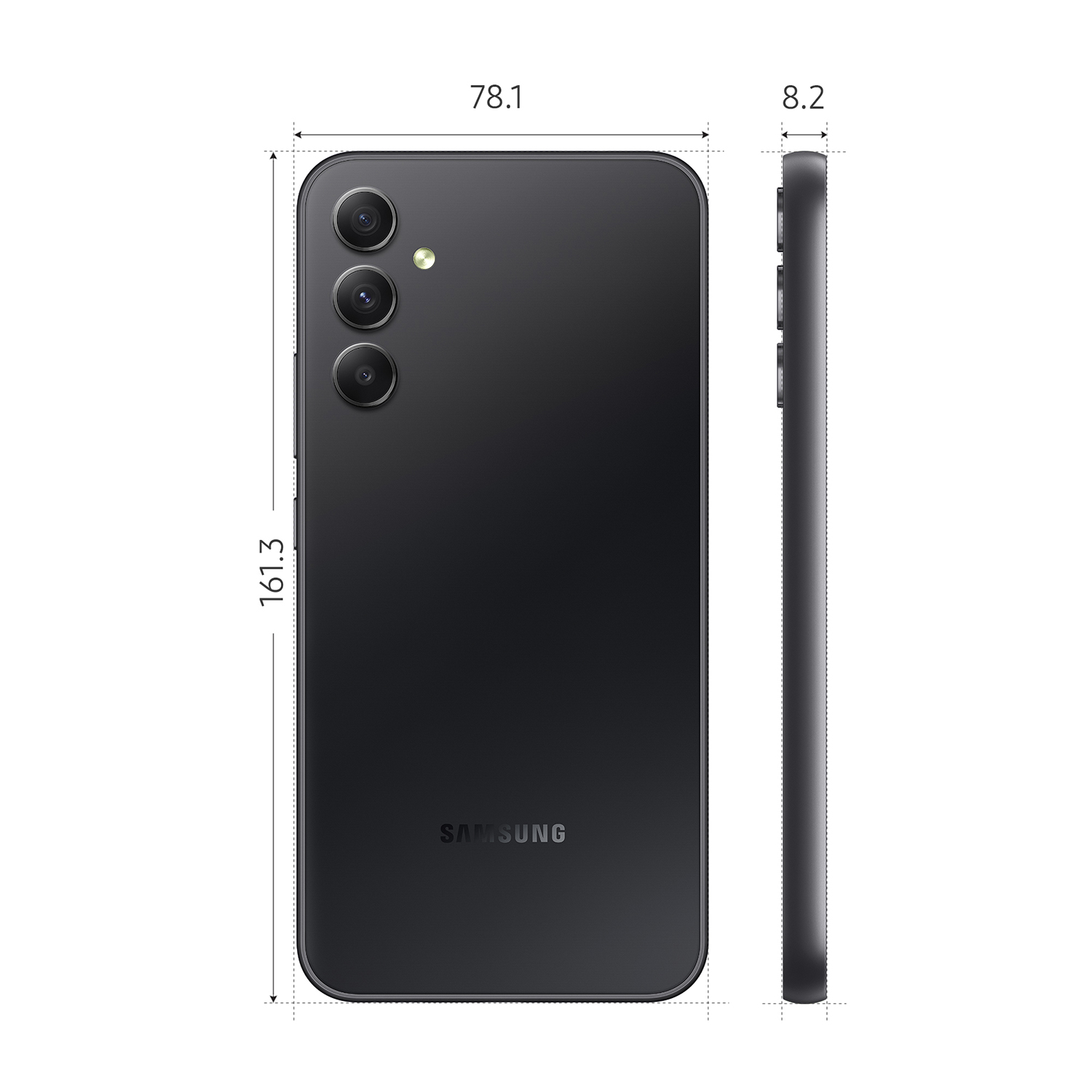 Smartphone negro, vista trasera y lateral, con dimensiones. Logotipo de Samsung visible.