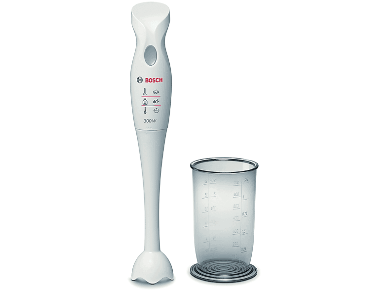 Frullatore ad immersione BOSCH MSM6B150, 300W, Impugnatura ergonomica, Facile da usare, Lama Acciaio Inox, Piede frullatore Removibile Lavabile in Lavastoviglie, Bicchiere graduato Incluso, Bianco