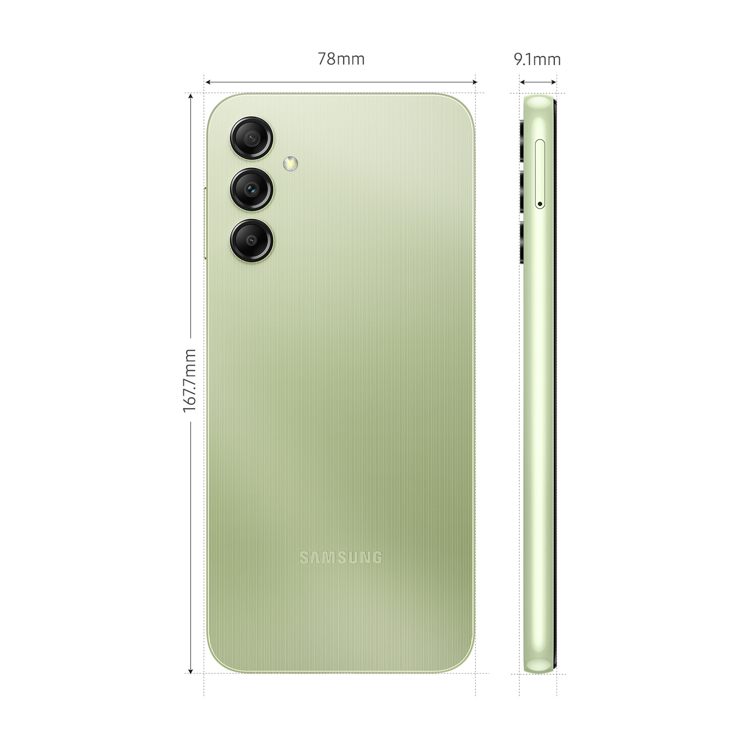 Un teléfono Samsung verde con tres cámaras y medidas en el lateral.