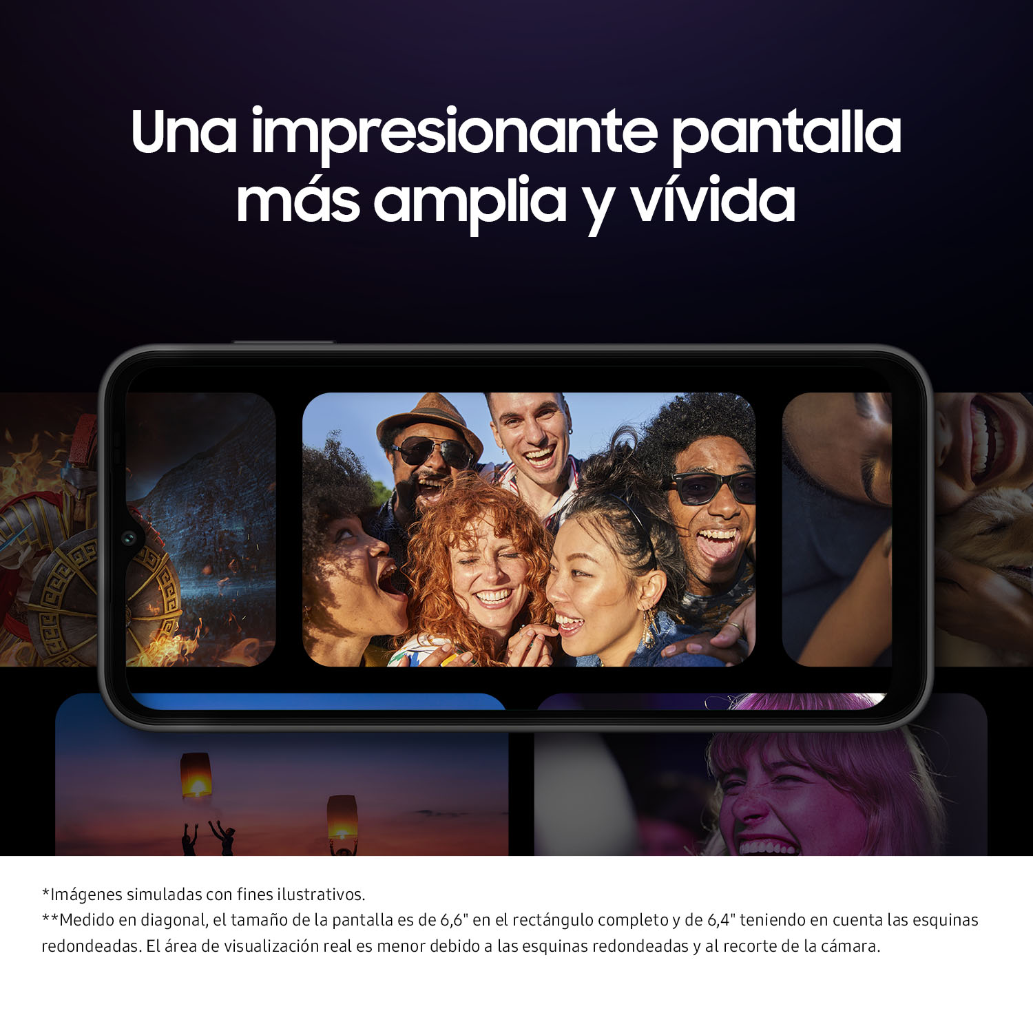 Una pantalla de smartphone muestra imágenes de personas sonriendo sobre fondo oscuro.