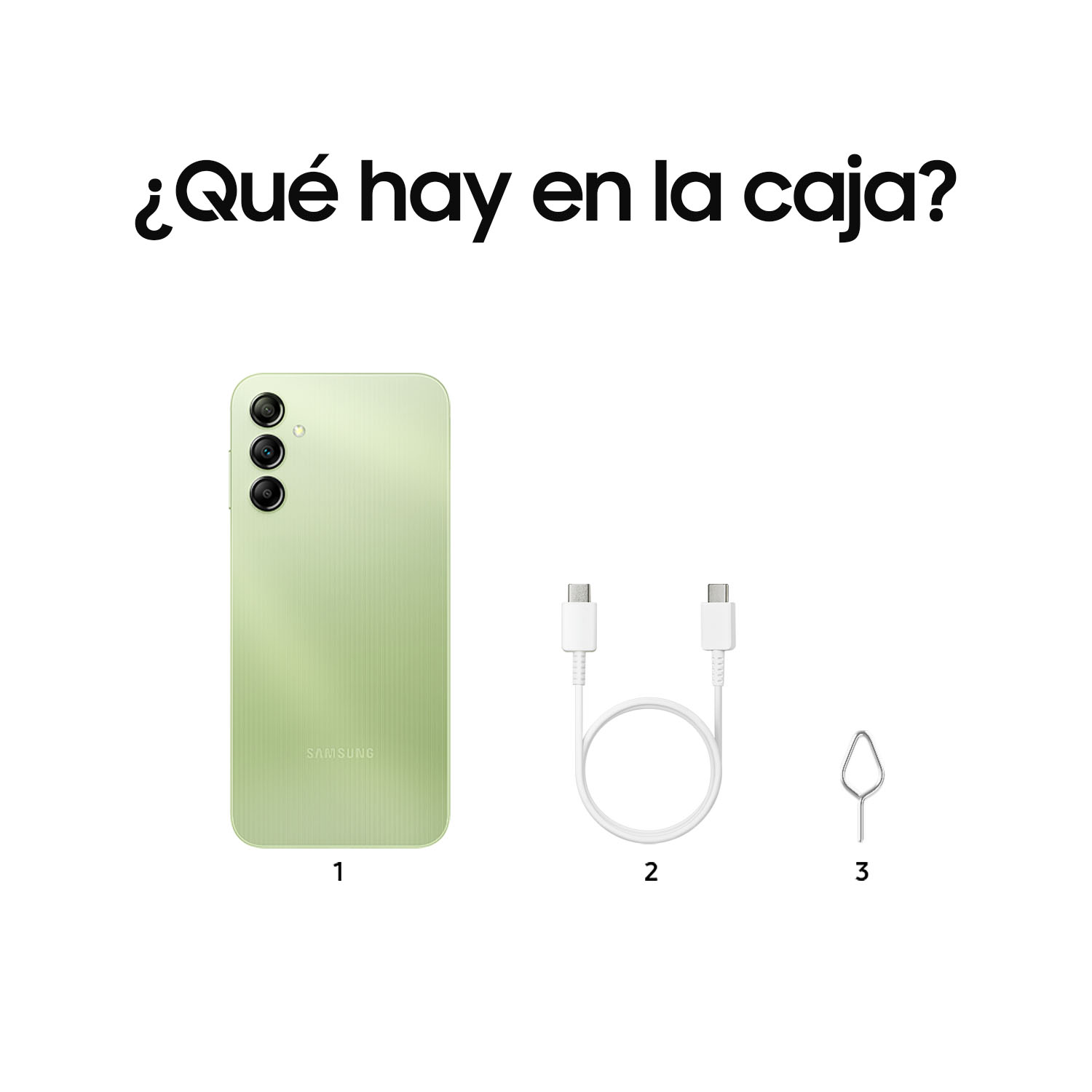 Se muestra un teléfono verde, un cable blanco y un eyector de tarjeta SIM. El texto dice: ¿Qué hay en la caja?