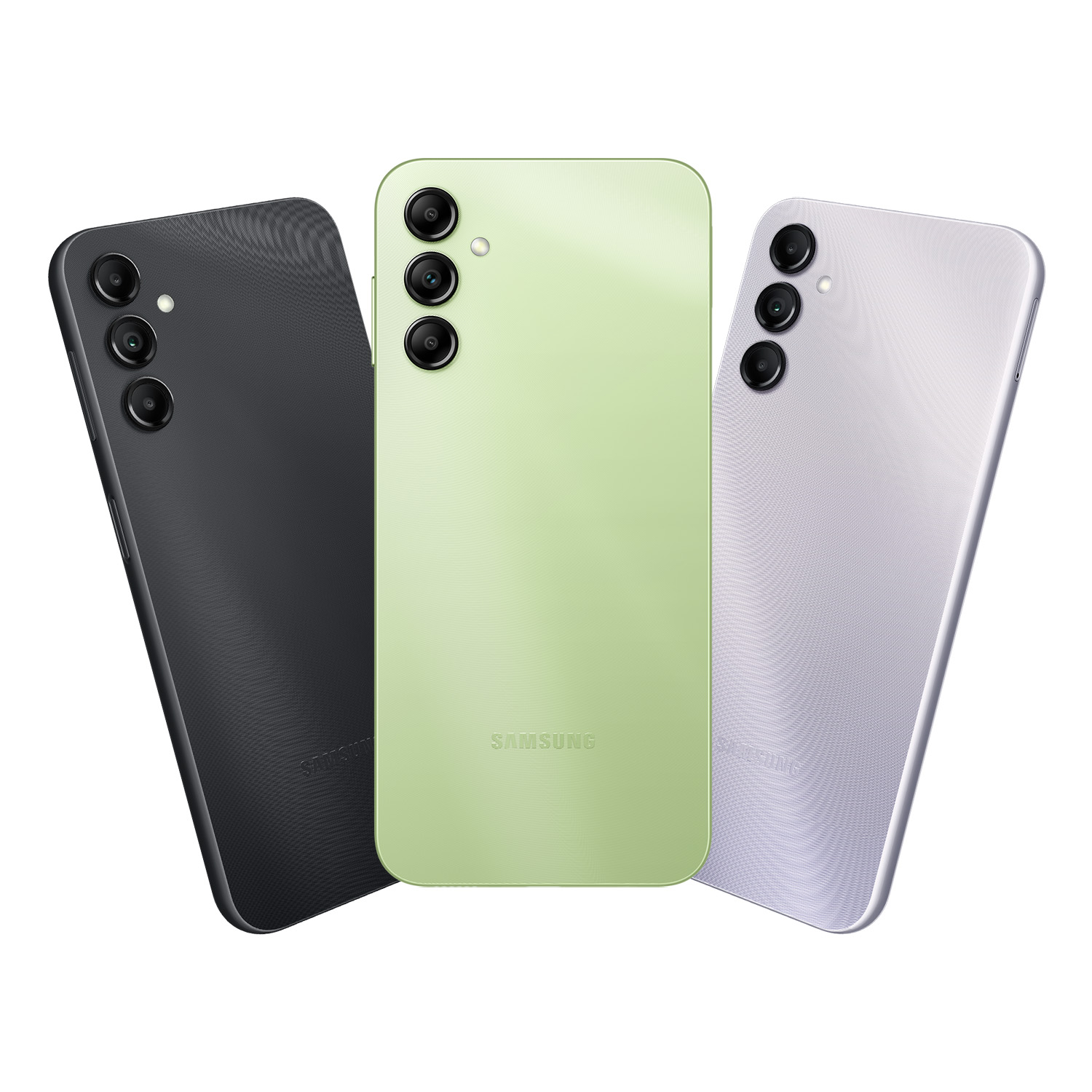 Tres teléfonos: gris oscuro, verde y lila claro, vistas traseras con cámaras.