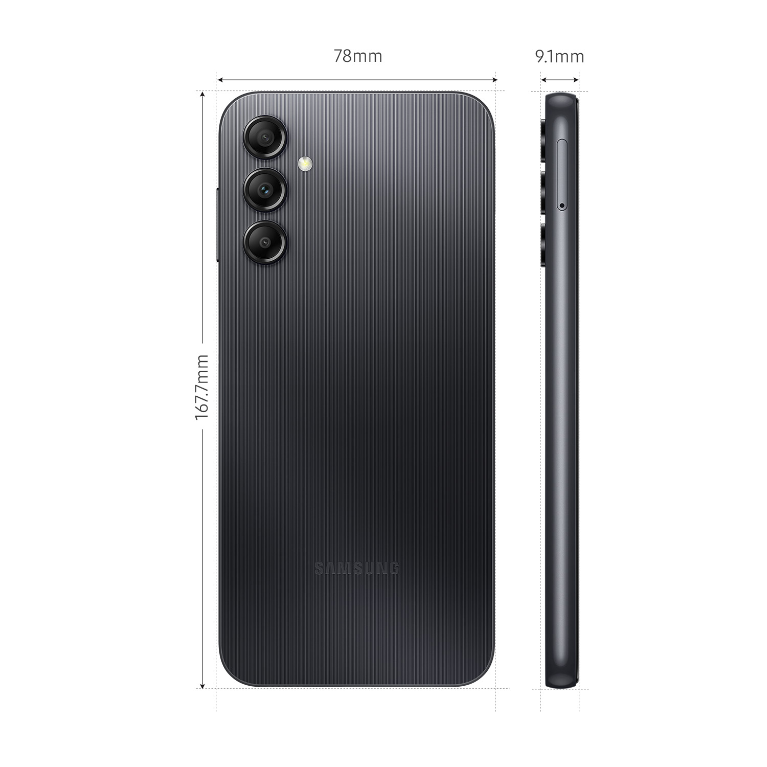 Smartphone negro con dimensiones indicadas. El teléfono tiene una configuración de triple cámara y un logotipo de Samsung.