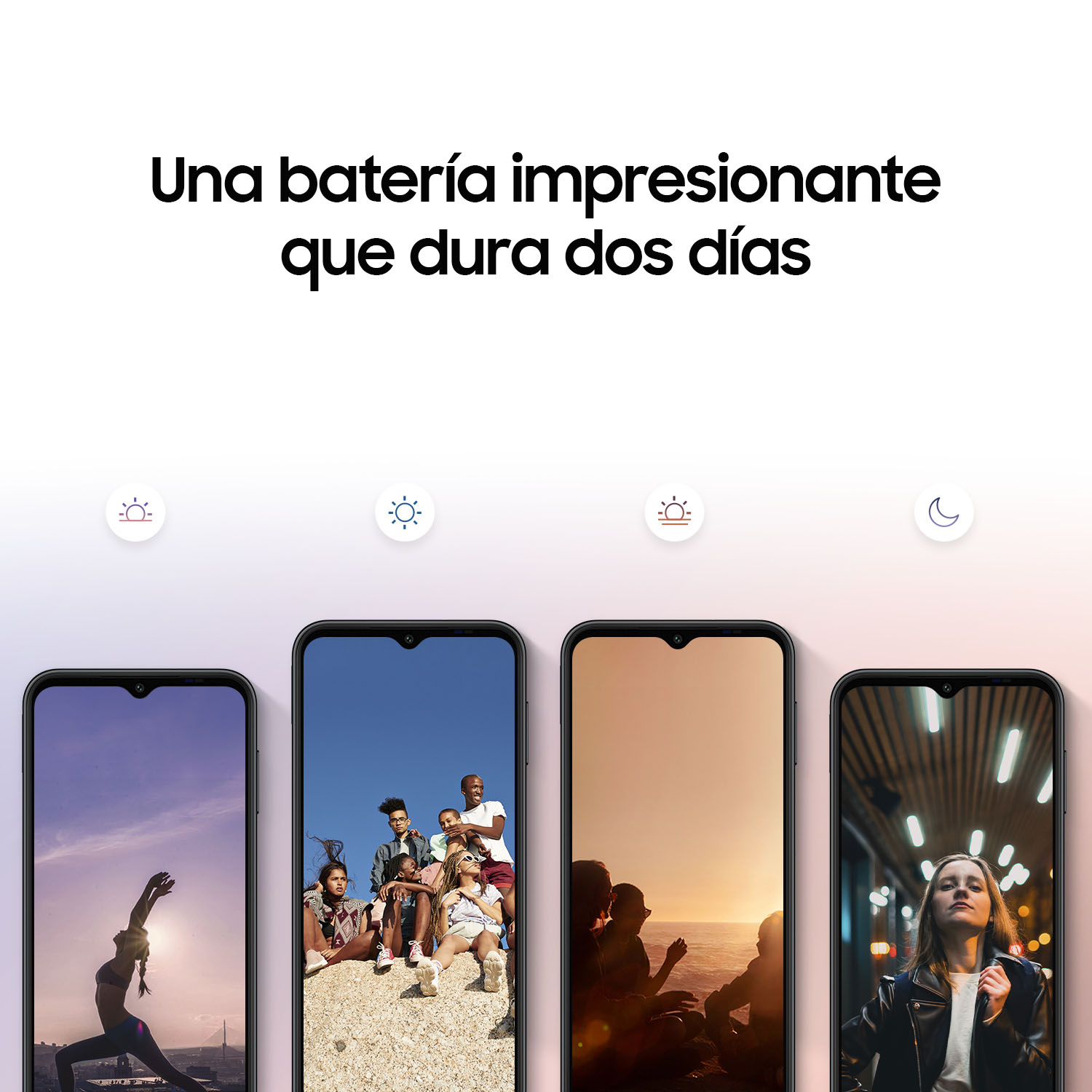 Cuatro smartphones con diferentes fondos e iconos, con texto sobre la duración de la batería.