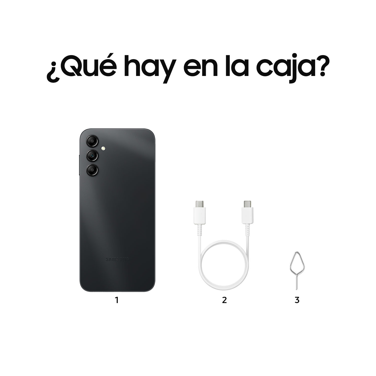 Teléfono negro, cable y herramienta de expulsión de SIM sobre fondo blanco. Texto: ¿Qué hay en la caja?