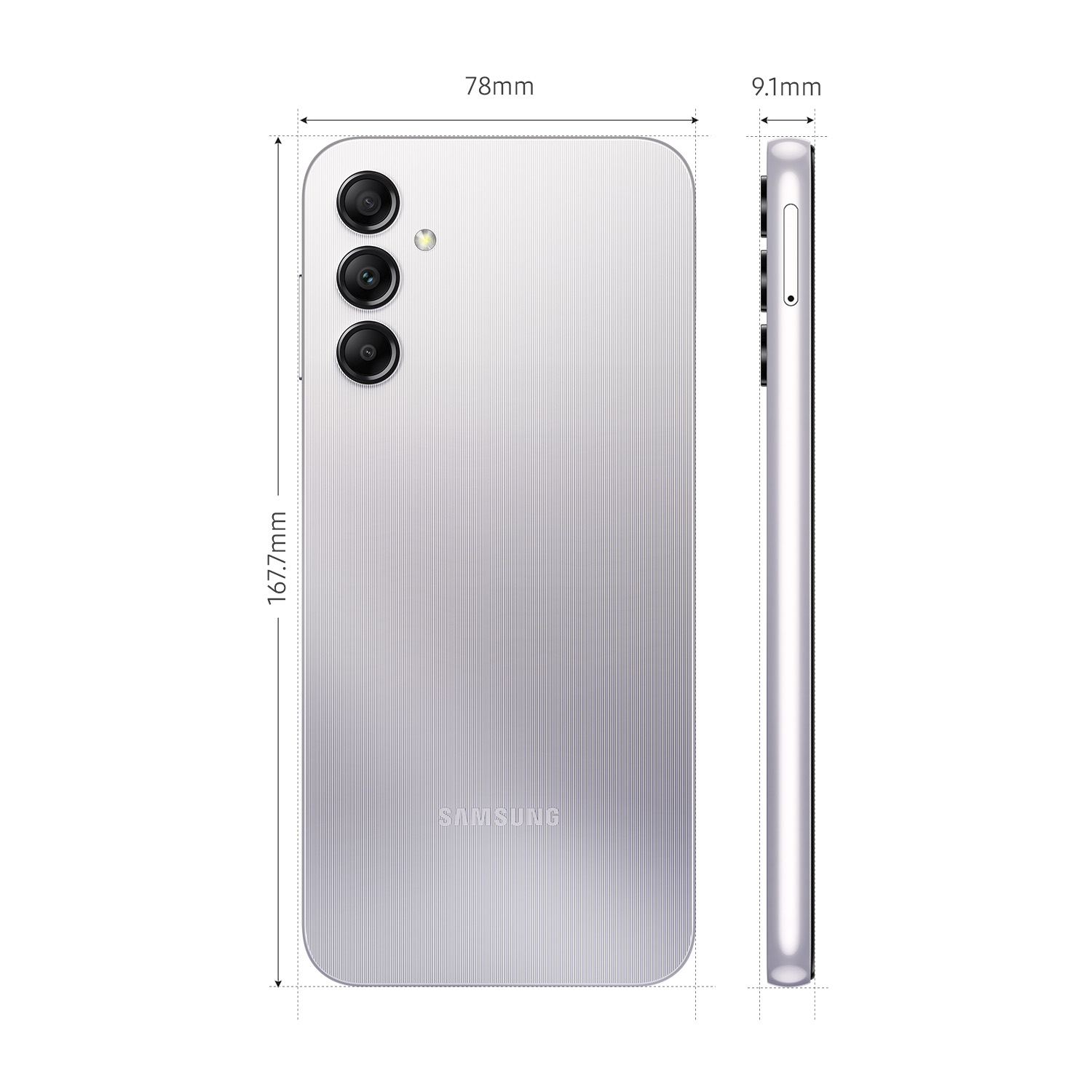 Un smartphone. Vista superior. El teléfono es lavanda, mostrando dimensiones y detalles de la cámara.