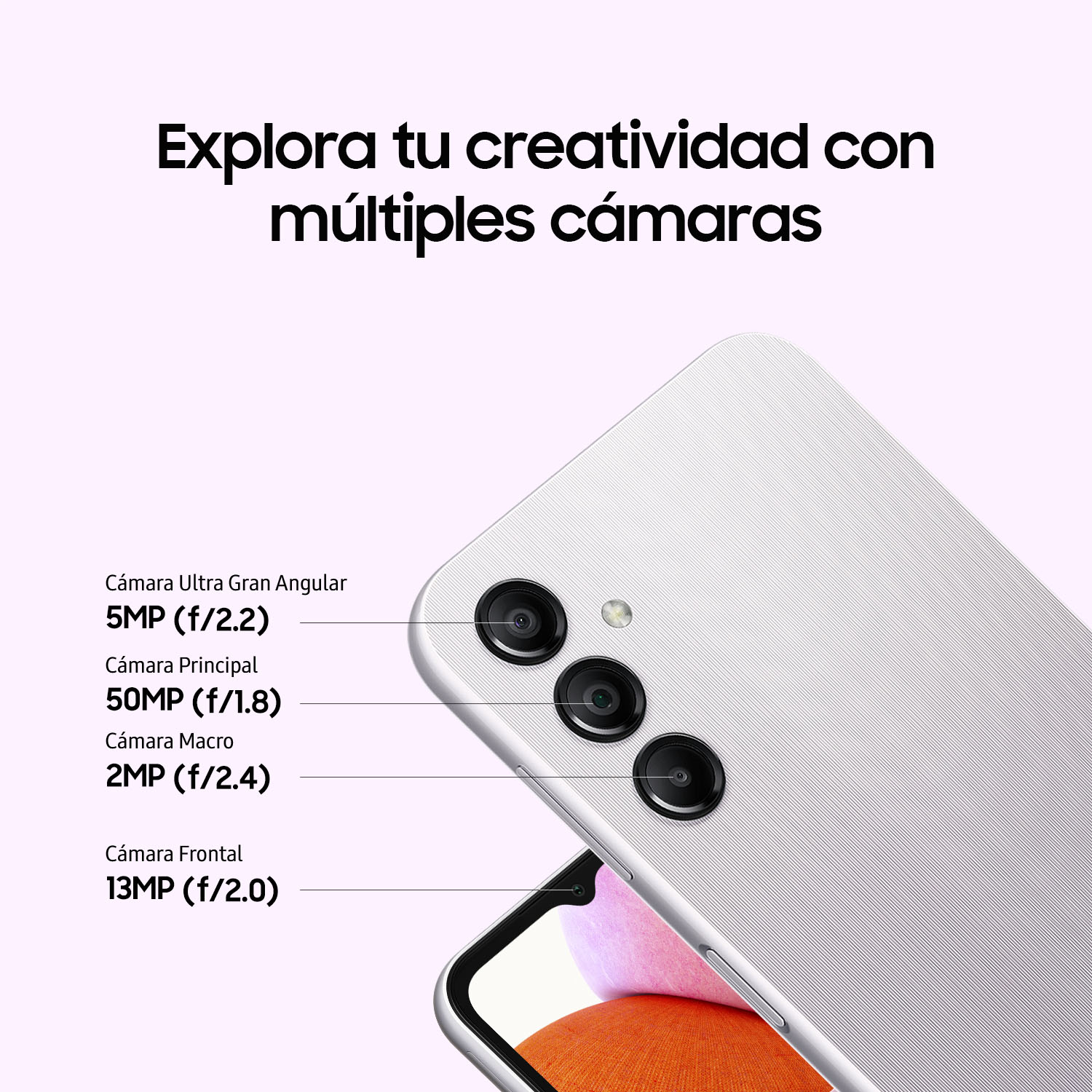 Vista de cerca de un teléfono plateado con múltiples cámaras, resaltando las especificaciones de la cámara.