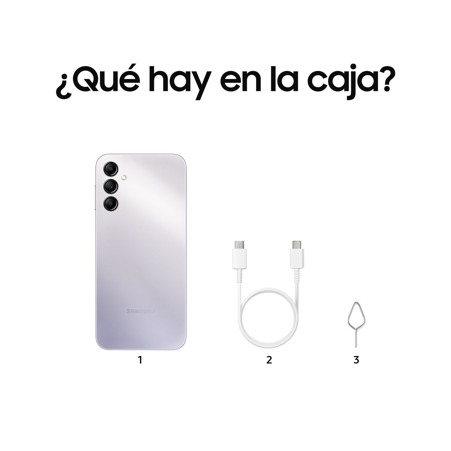 Un teléfono, un cable de carga y una herramienta de expulsión de SIM, sobre un fondo blanco. Texto: 'Qué hay en la caja?'.