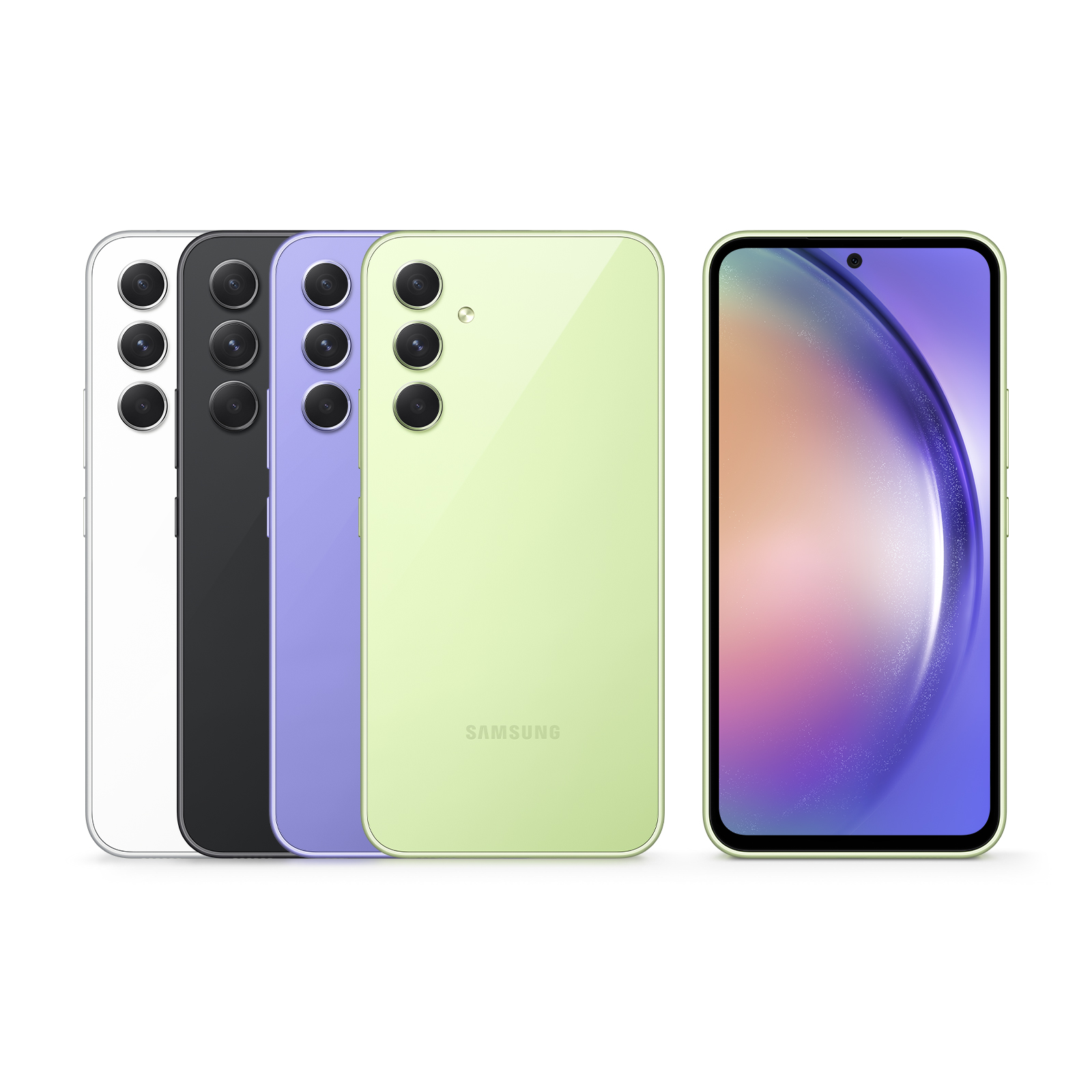 Cuatro teléfonos uno al lado del otro. Blanco, negro, morado y verde.