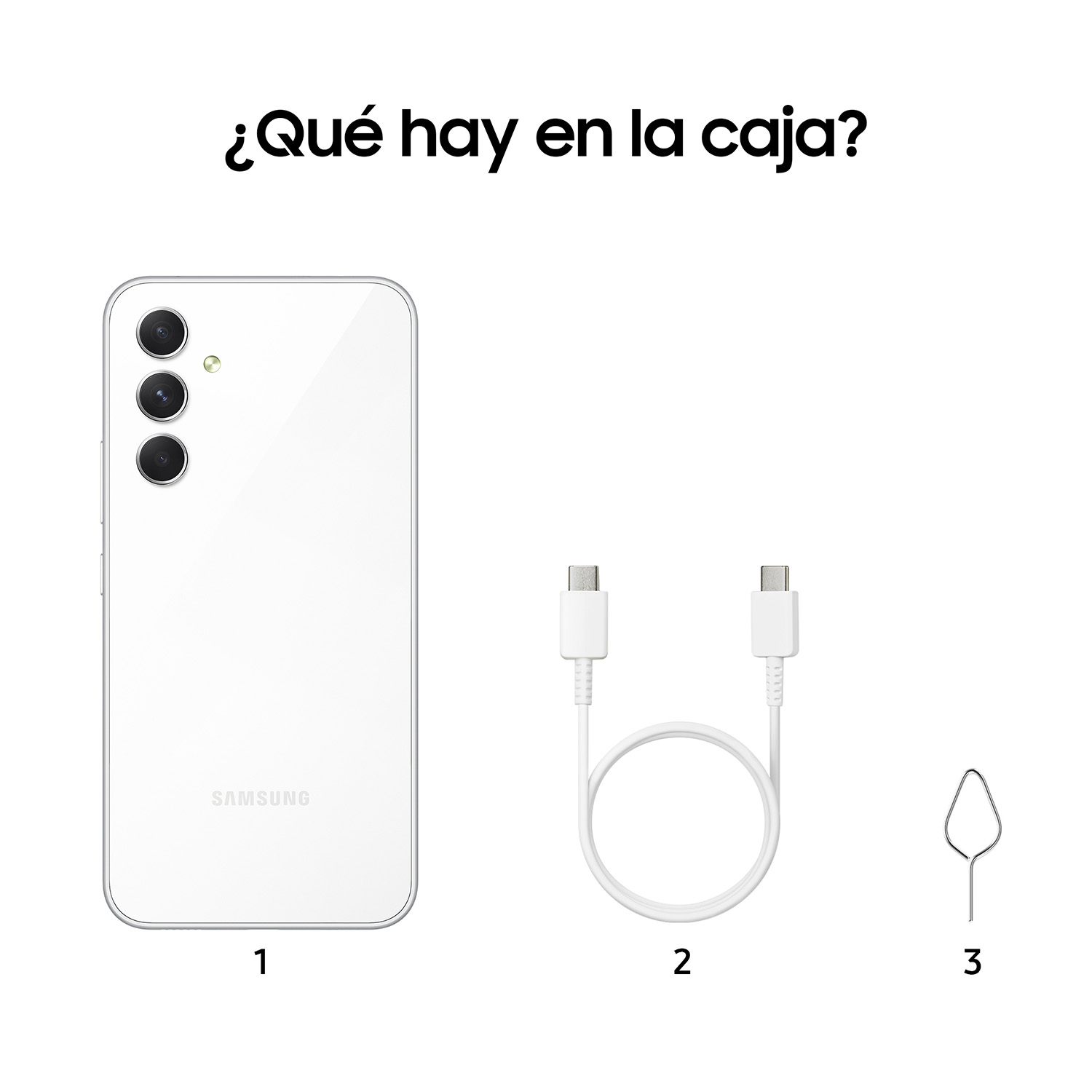 Un smartphone blanco, cable de carga y herramienta de expulsión de SIM, sobre fondo blanco.
