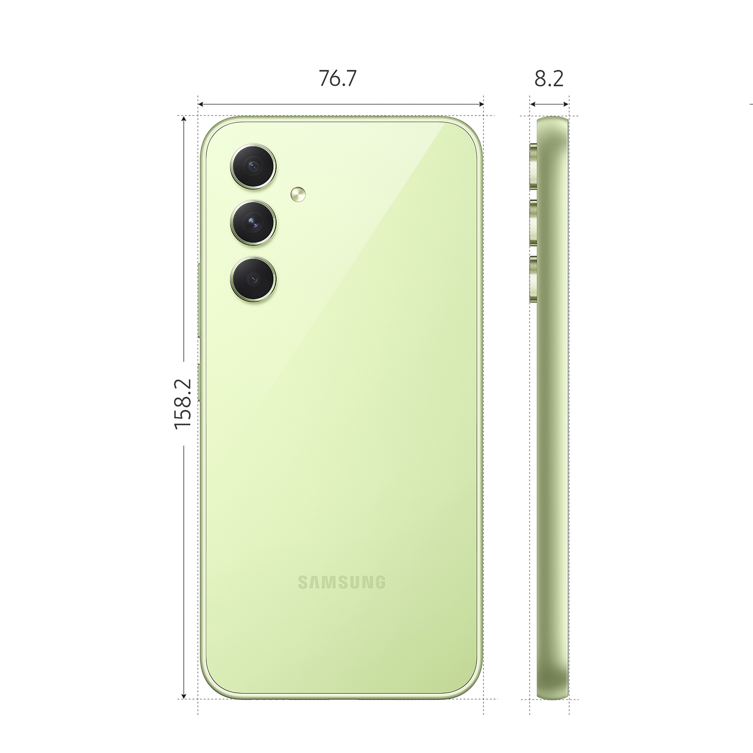 Teléfono verde con dimensiones. Vista lateral muestra el grosor. Tres cámaras traseras.