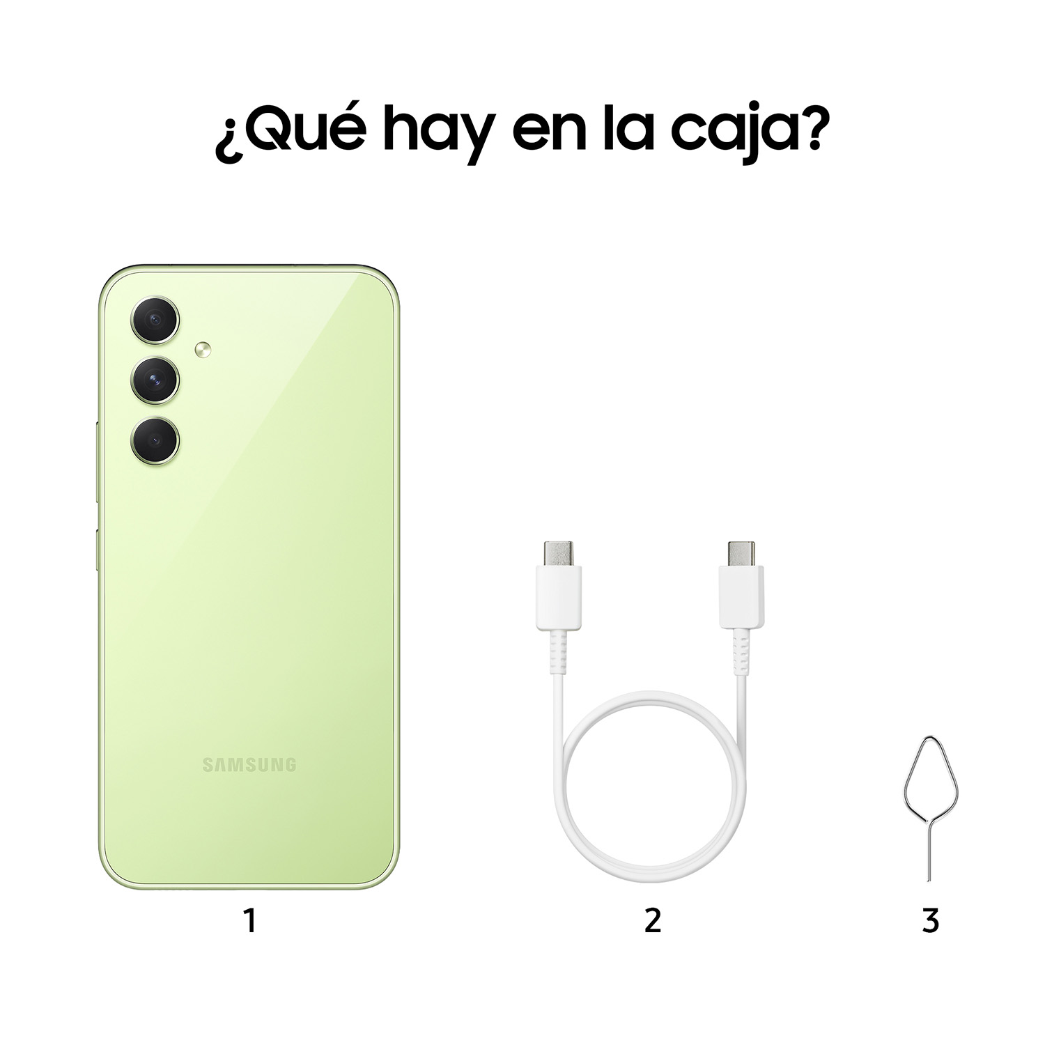 Un teléfono verde, un cable de carga blanco y una herramienta de expulsión de bandeja SIM.