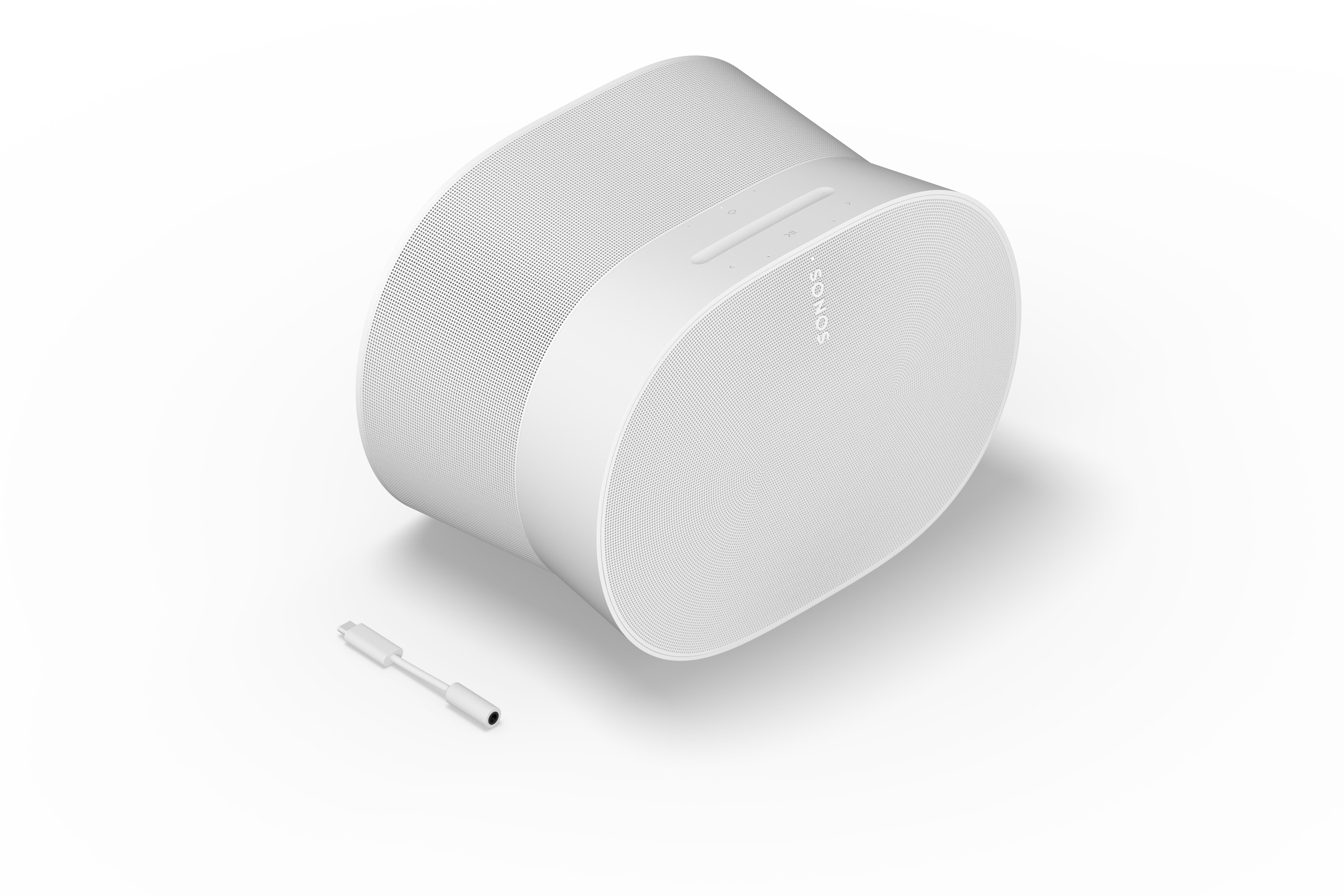 Weißer Lautsprecher mit Kabel. Oval, Knöpfe oben.