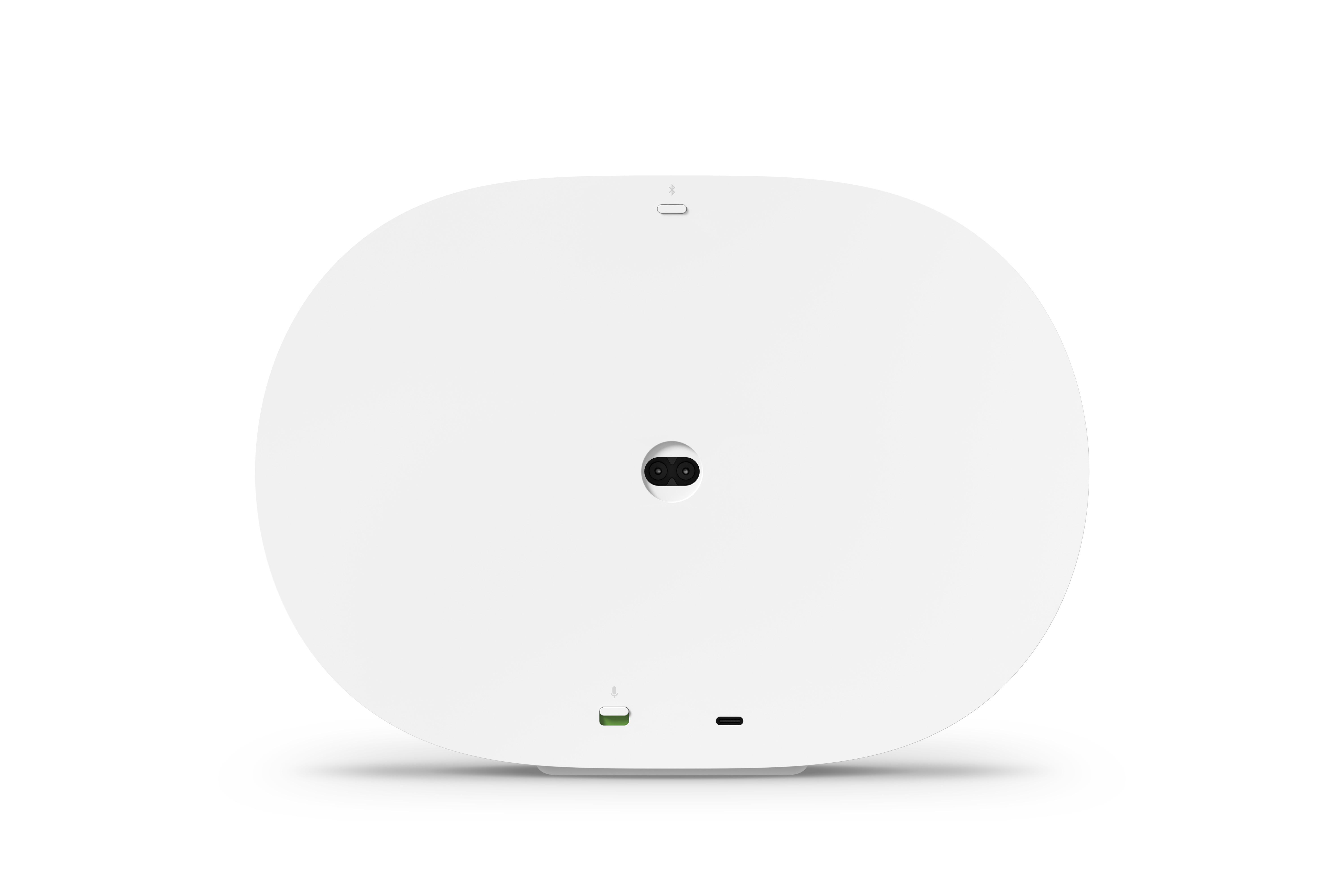 Weißes, oval geformtes Gerät. Es hat eine kleine Kamera, einen Stromanschluss und einen USB-C-Anschluss.