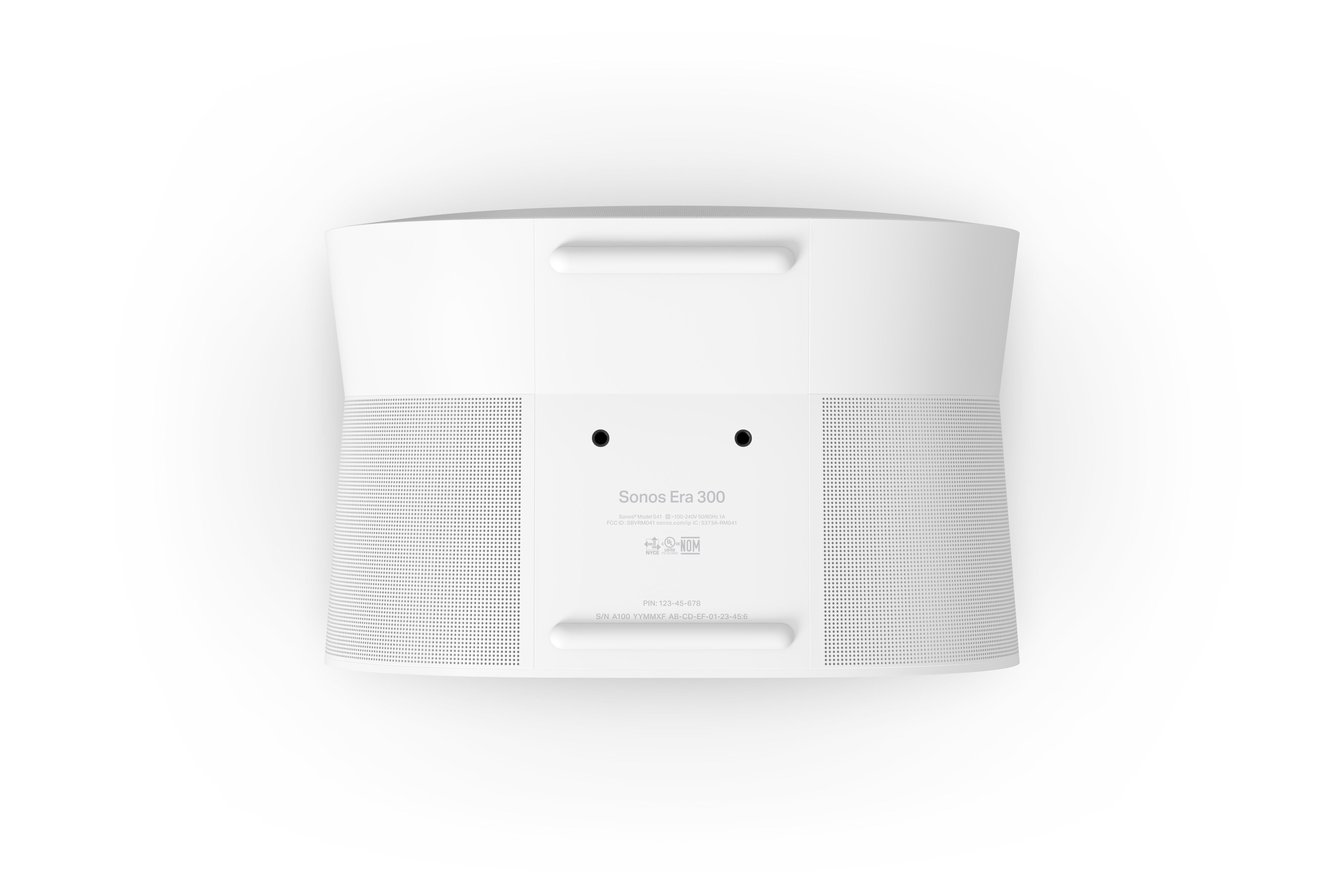Weißer Sonos Era 300 Lautsprecher. Draufsicht mit Etiketten und Perforationen.