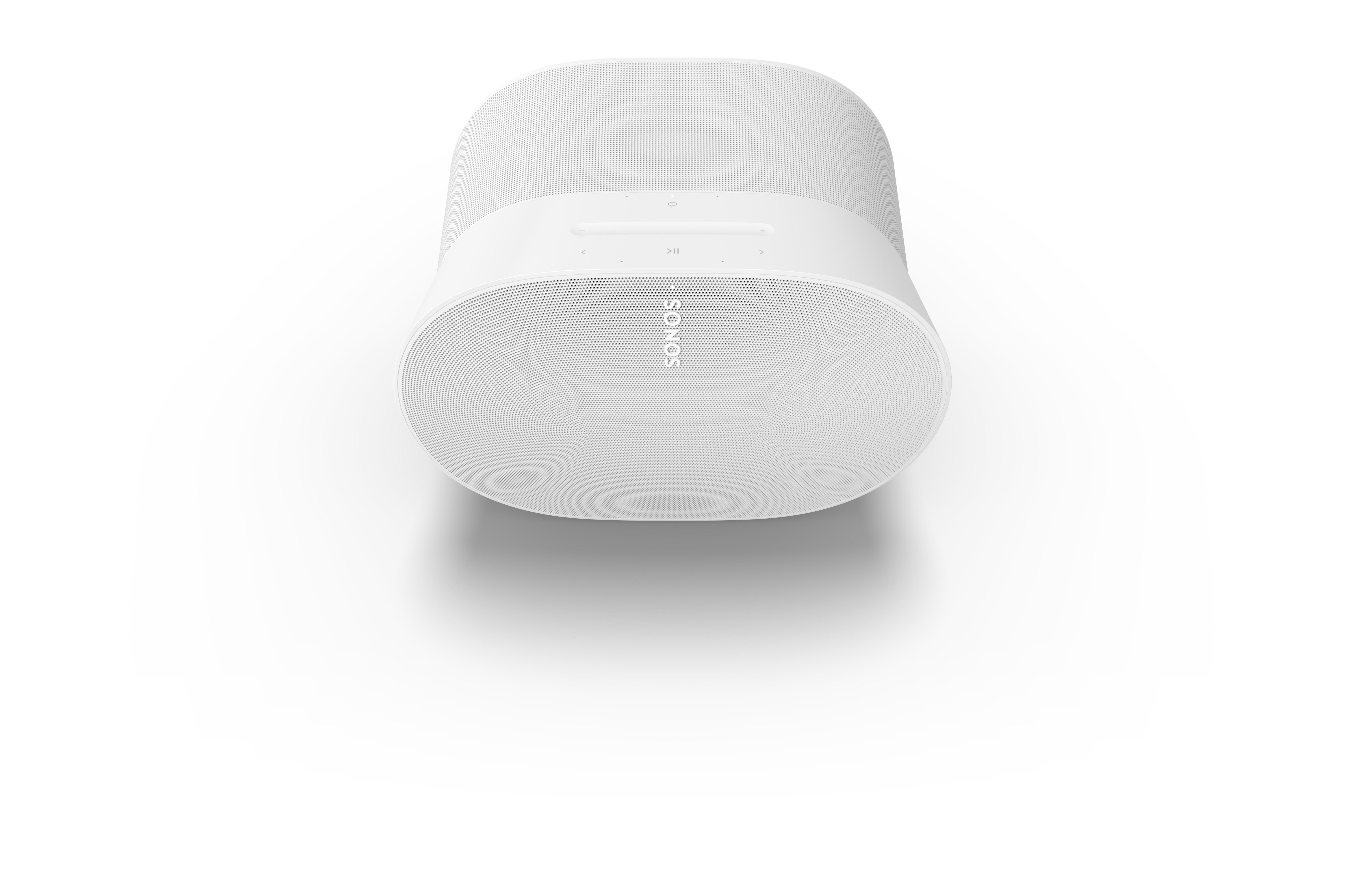 Weißer Sonos-Lautsprecher mit ovalem Design. Die Oberseite hat Lautsprecherlöcher und Steuertasten.