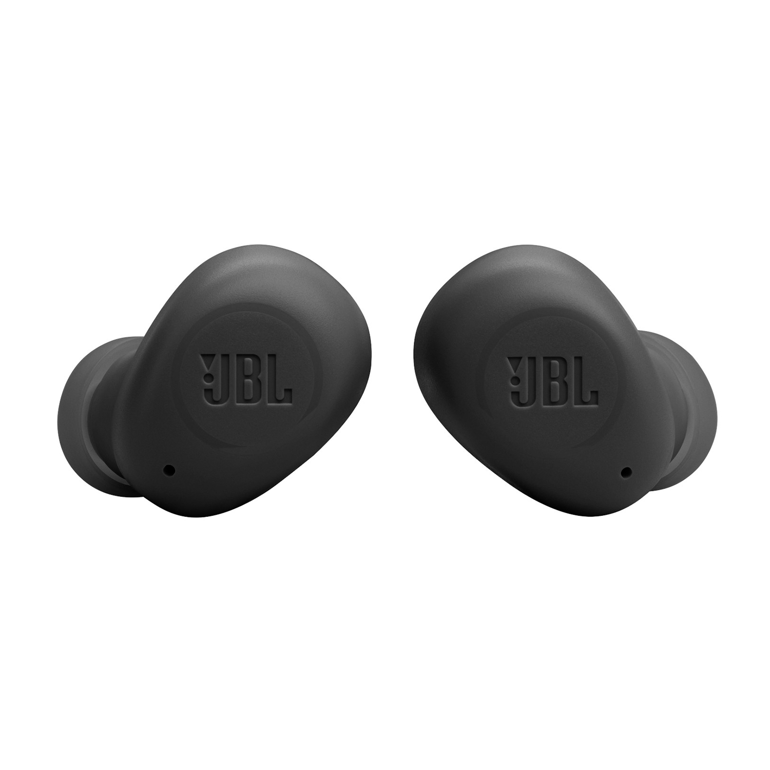 Due auricolari JBL neri. Il logo JBL è visibile su ciascun auricolare.