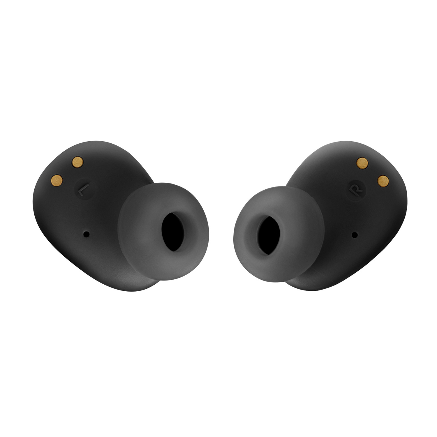 Due auricolari wireless neri con auricolari grigi. L'auricolare destro ha una 'R'.