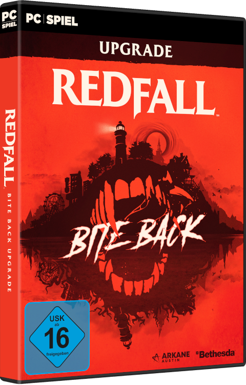 Spielbox für Redfall, mit Leuchtturm-Grafik und rotem Thema.
