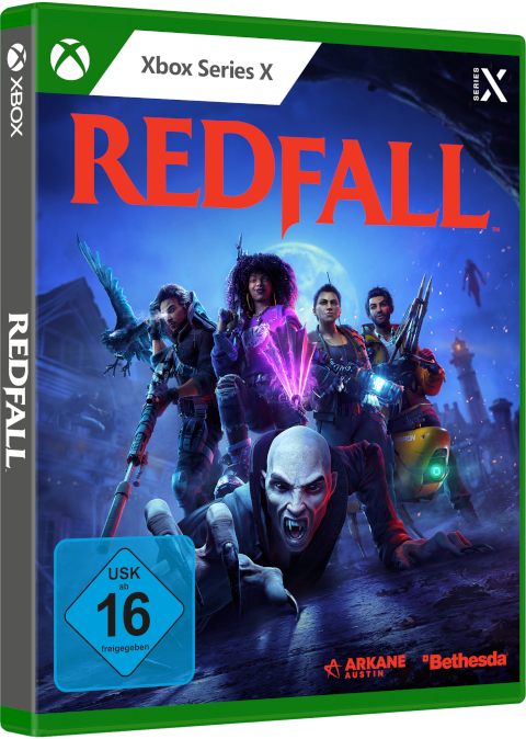 Redfall-Spielcover. Charaktere mit Waffen vor blauem Himmel. Spieletitel in Rot.