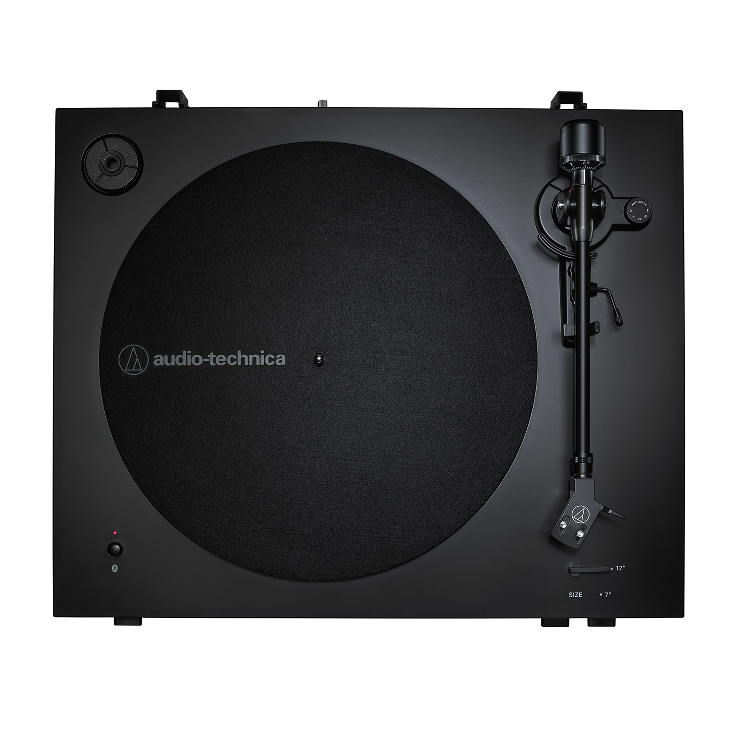 Giradischi nero con un disco in vinile nero e un braccio.