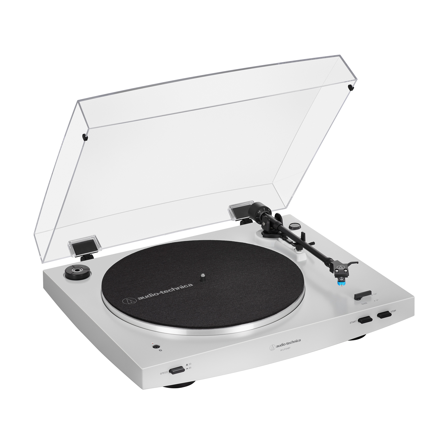 Giradischi Audio-Technica bianco con coperchio trasparente aperto. Disco nero sul piatto. Controlli e pulsanti visibili.