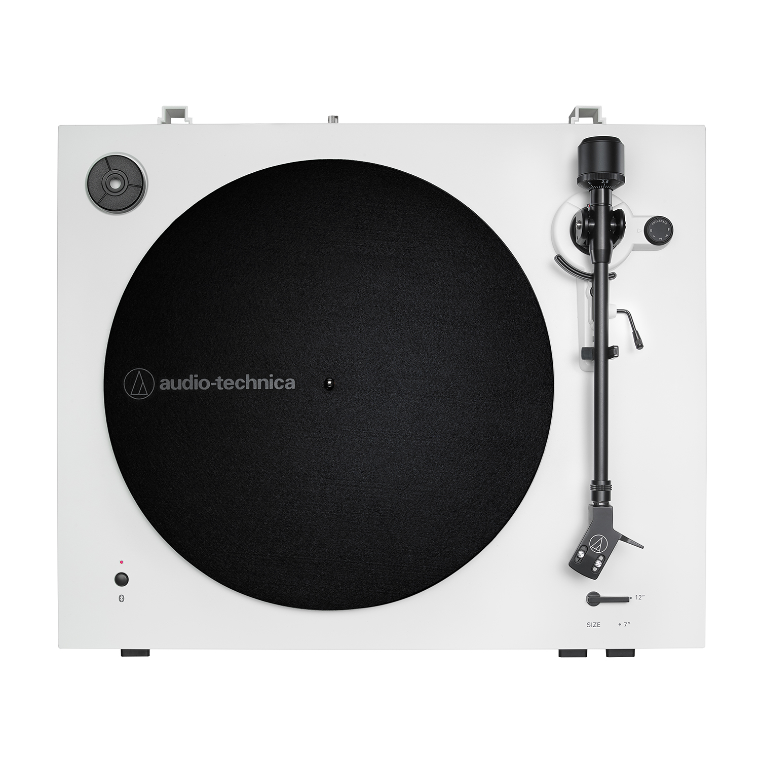Giradischi bianco con vinile nero e logo Audio-Technica.