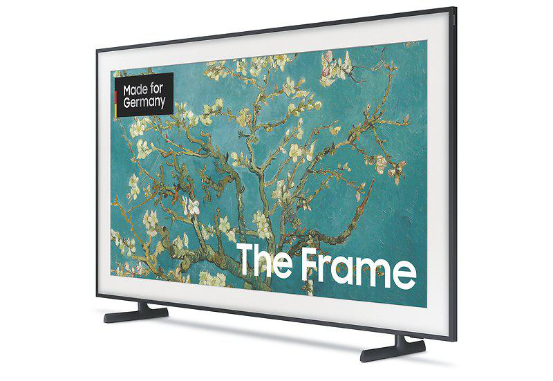 Ein Samsung Frame TV, das ein Van-Gogh-Gemälde zeigt, mit schwarzem Rahmen und Ständer.