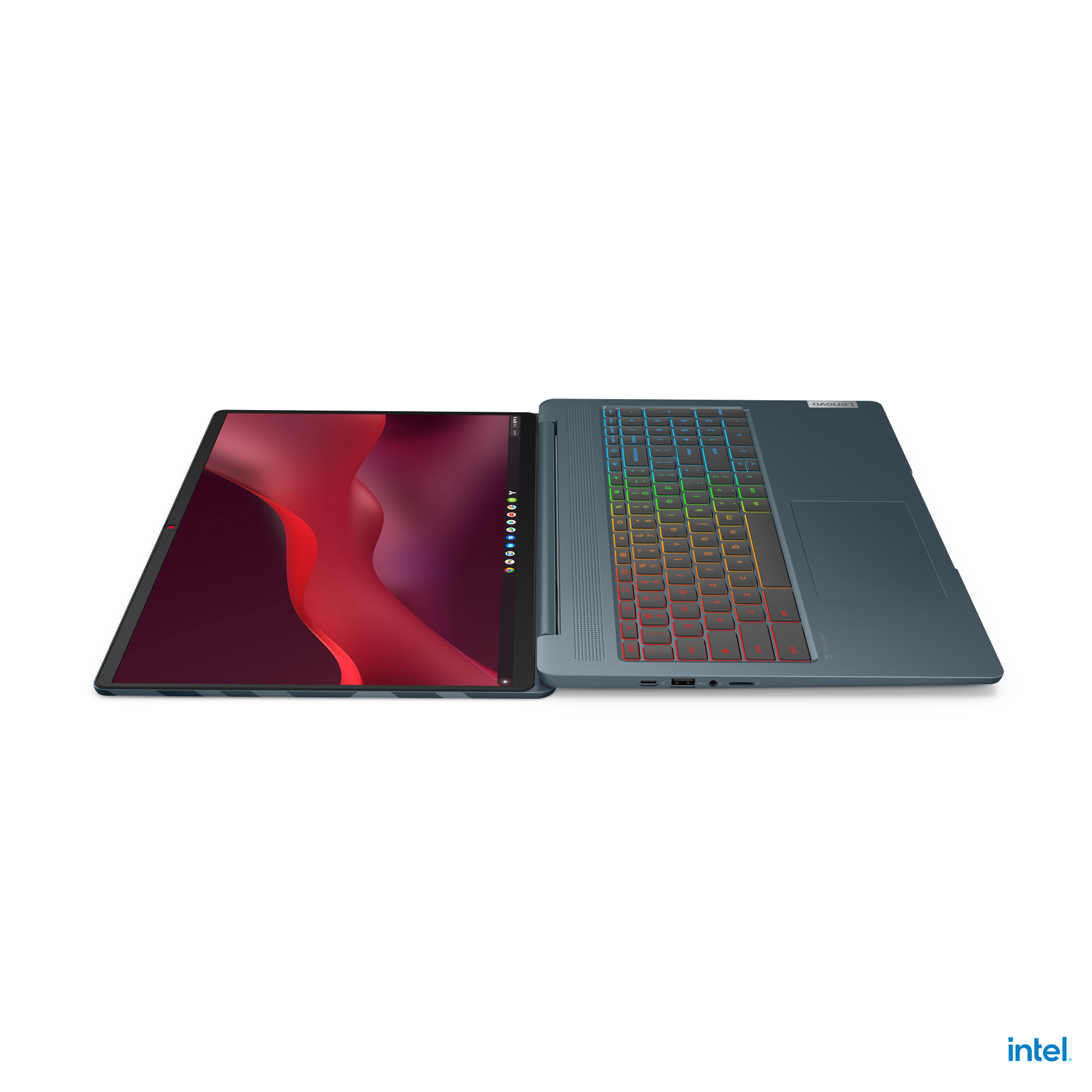 Laptop mit bunter Tastatur und rotem Bildschirm, teilweise geöffnet.