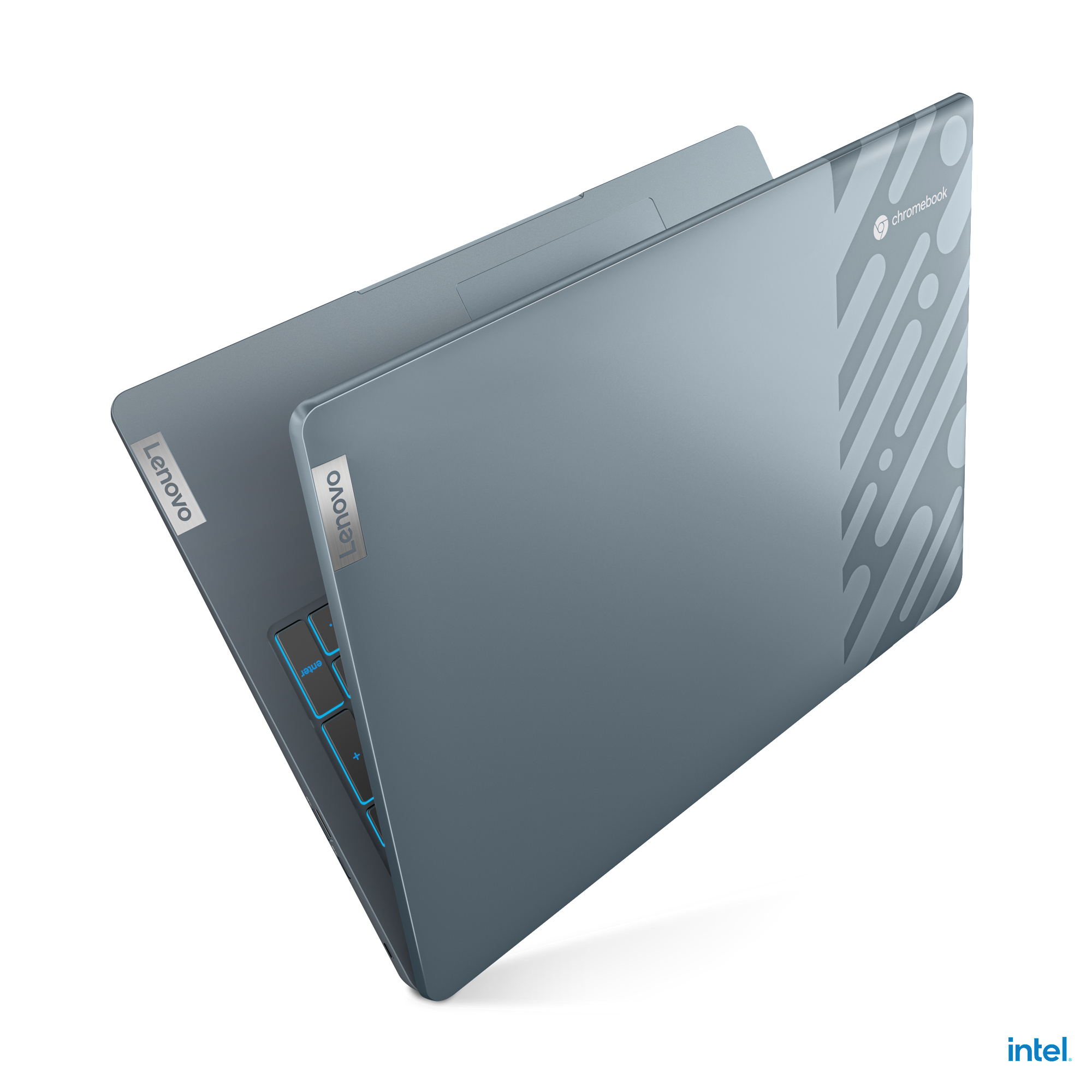 Lenovo Chromebook Laptop, Draufsicht, leicht geöffnet. Blau- und Grautöne.