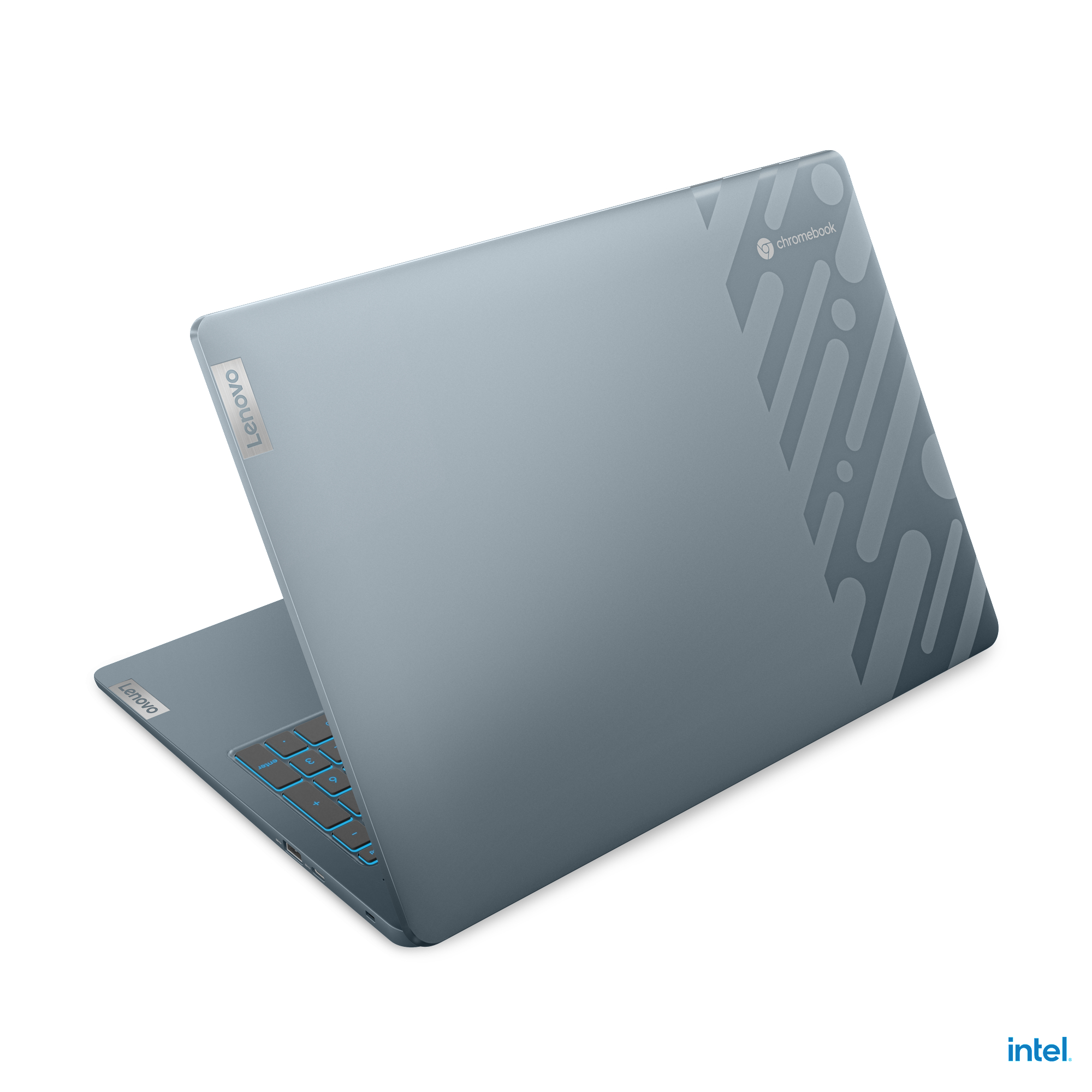 Lenovo Chromebook Laptop, teilweise geöffnet. Die Rückseite ist grau mit Muster oben rechts.