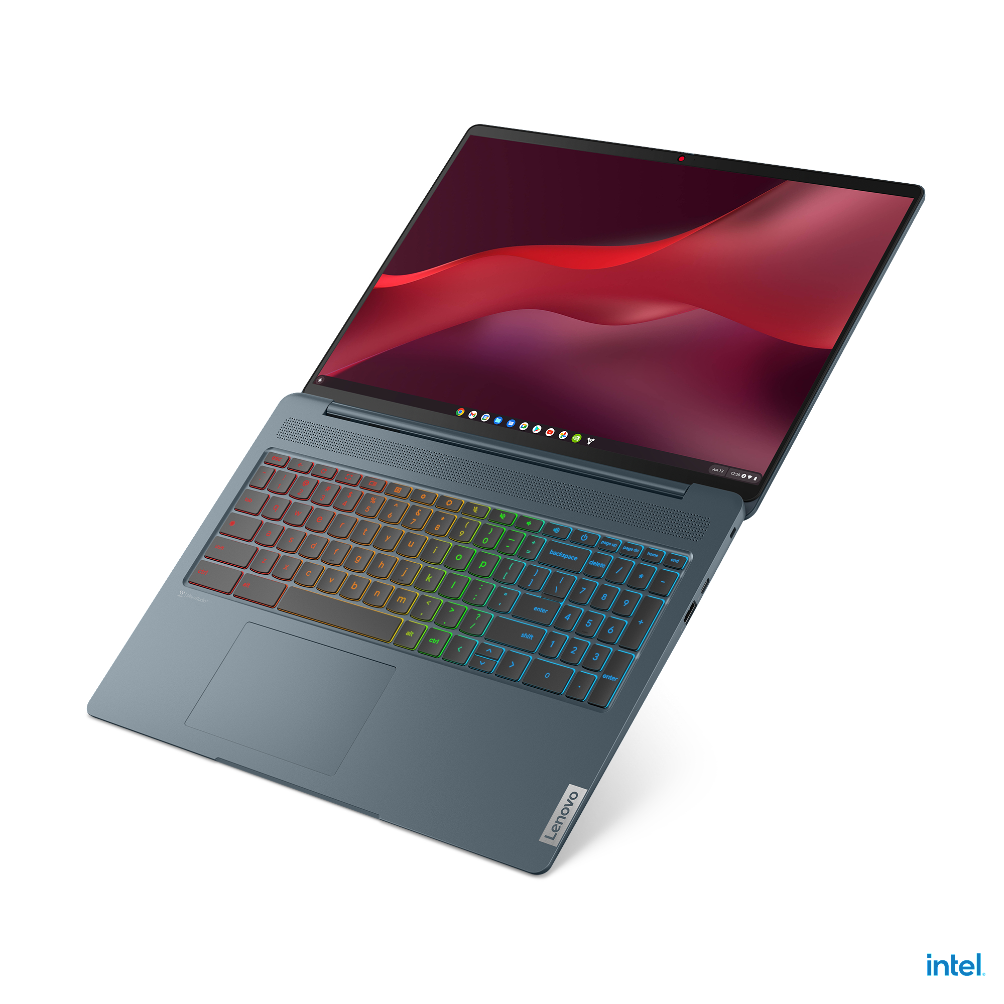 Ein blaues Lenovo Chromebook-Laptop, offen, mit einer bunten Tastatur.