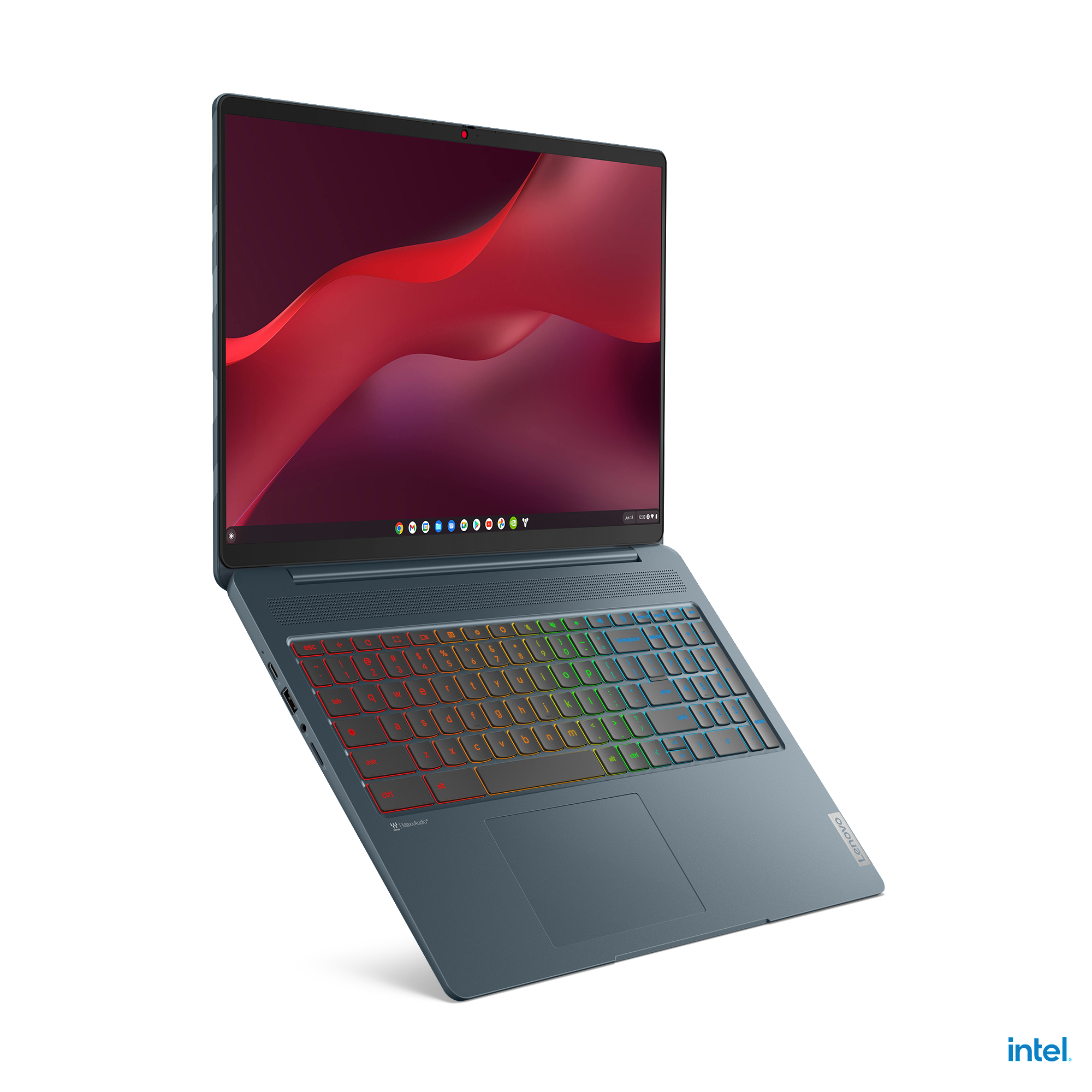Dunkelblauer Laptop mit mehrfarbiger Hintergrundbeleuchtung der Tastatur, geöffnet und angewinkelt.