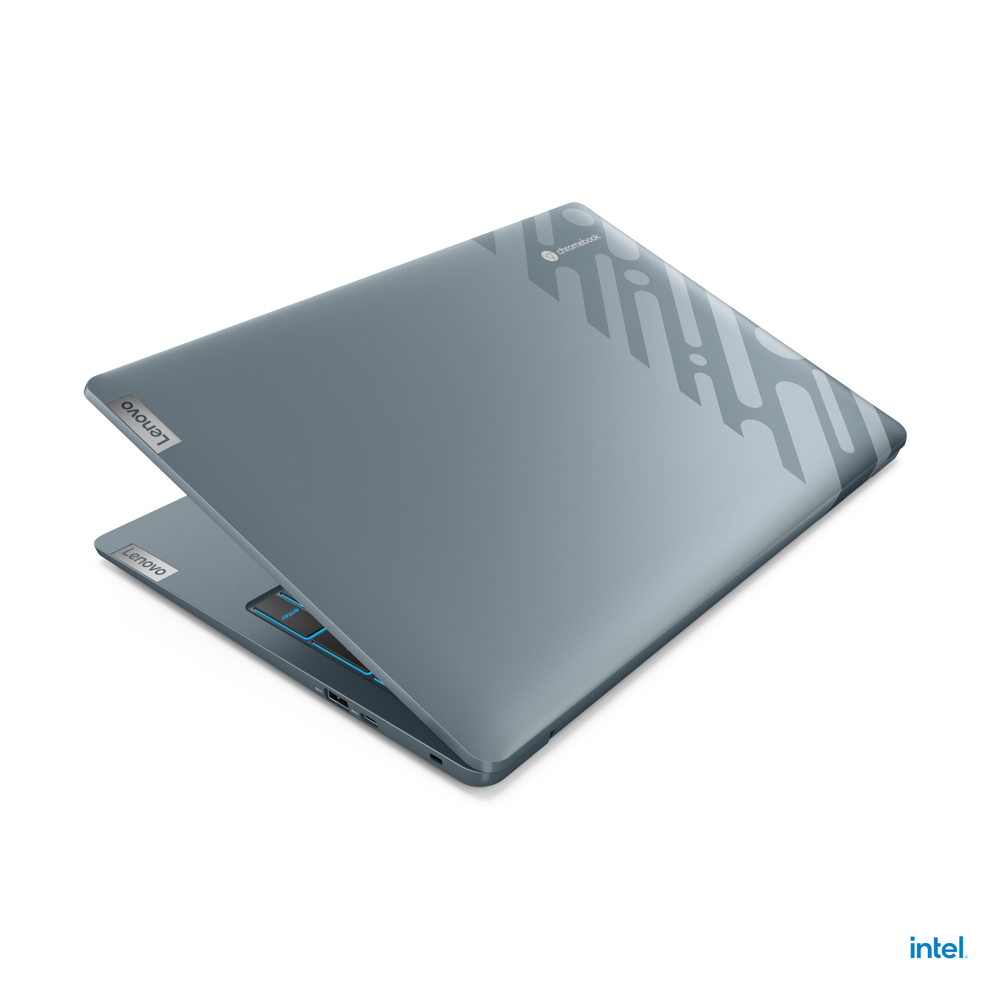 Laptop mit blauer Tastatur und Lenovo-Logo. Abgewinkelte Ansicht, hellblaue Farbe. Intel-Logo.