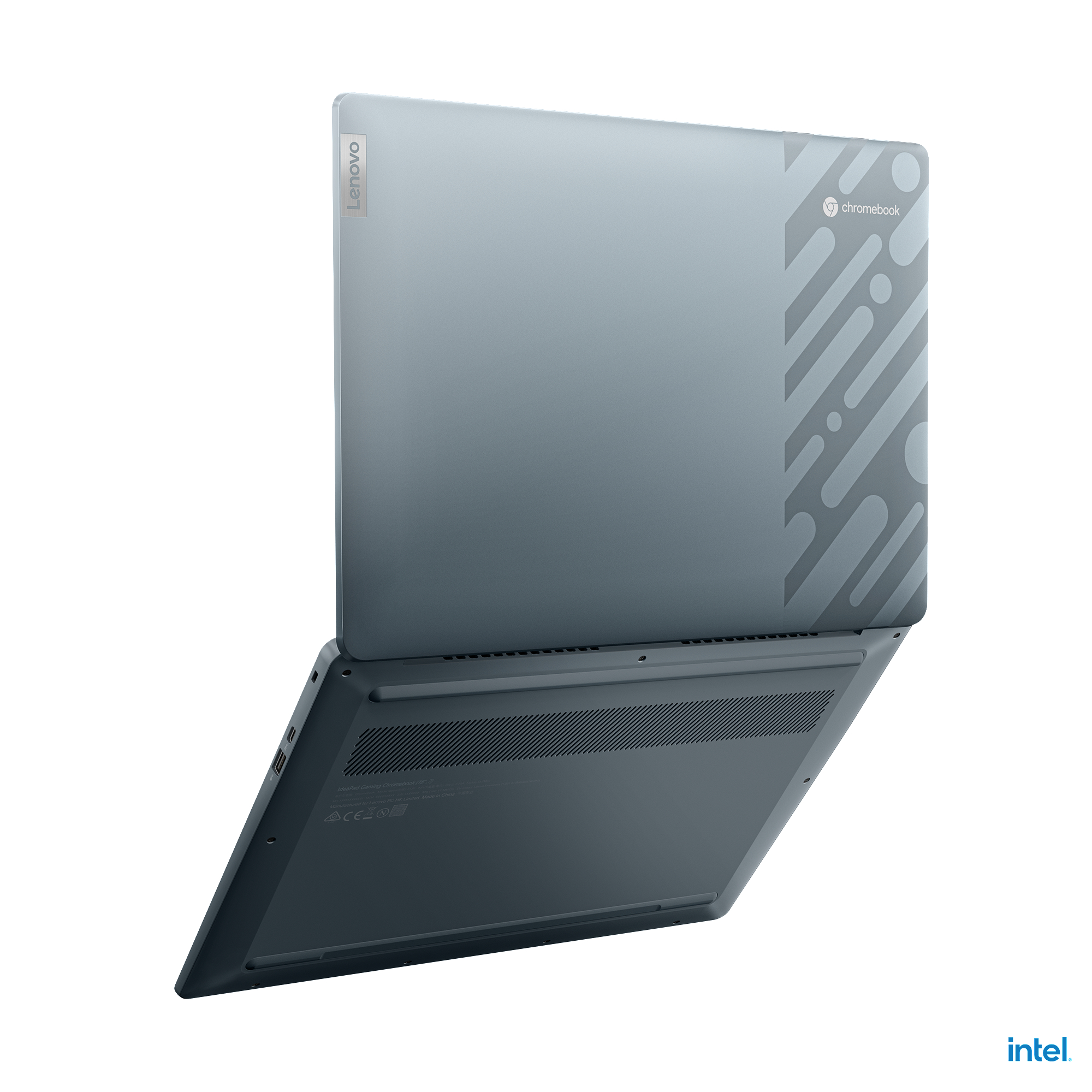 Ein Laptop mit Lenovo- und Chromebook-Logos auf der Rückseite, geöffnet, um die Tastatur und den Bildschirm zu zeigen.