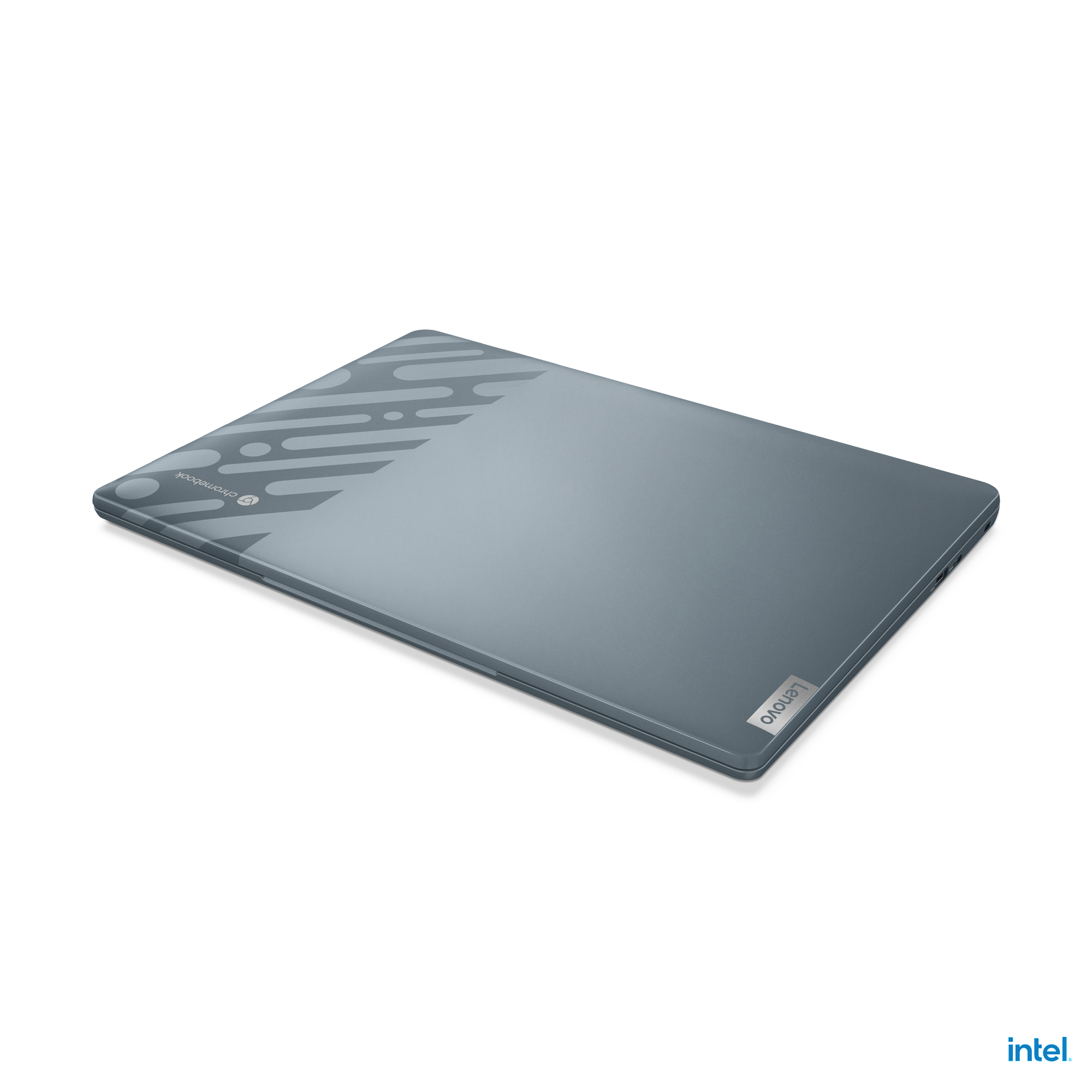 Grauer Chromebook-Laptop mit Muster. Das Lenovo-Logo ist sichtbar.