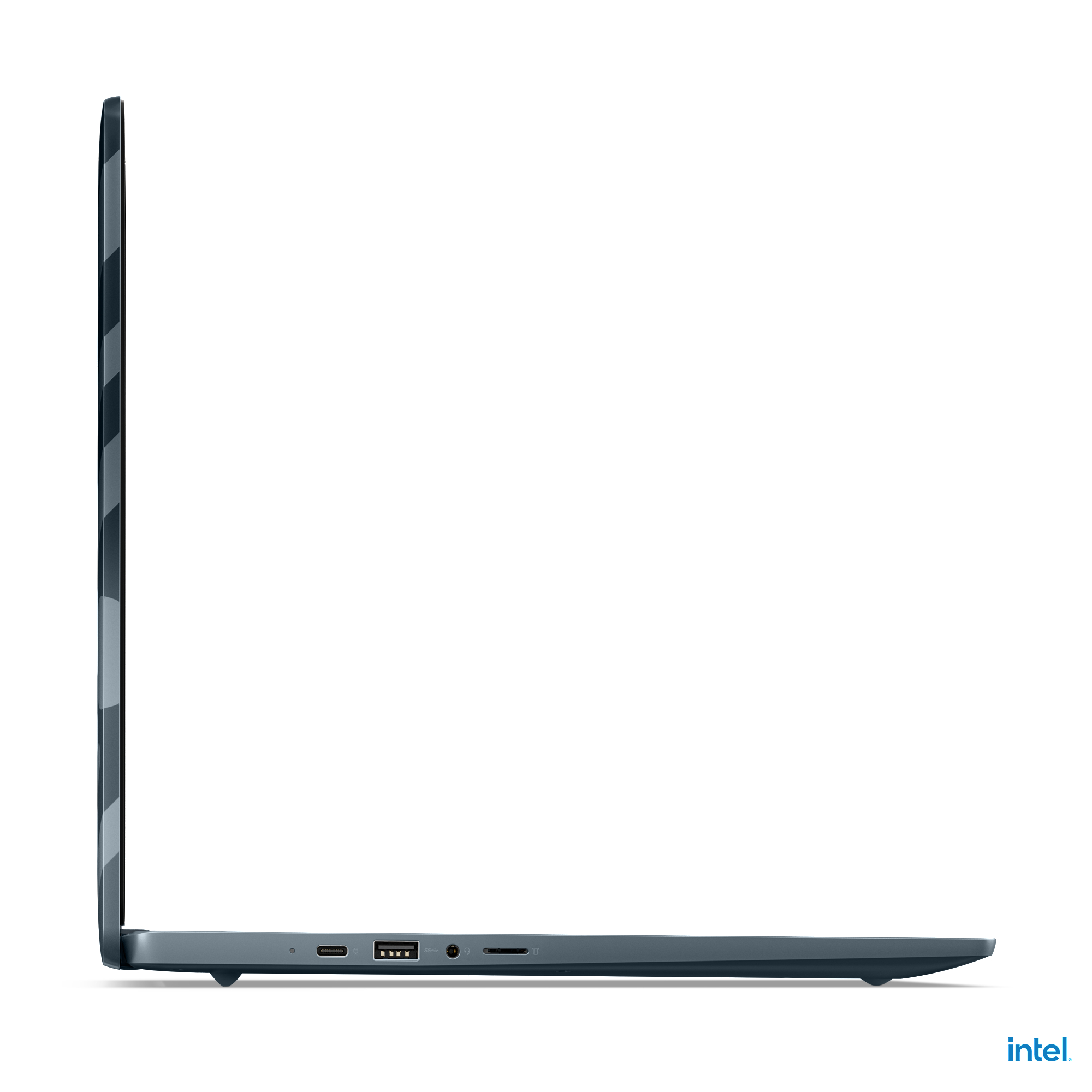 Laptop-Seitenansicht, Grau- und Schwarzschema. Intel-Logo sichtbar.