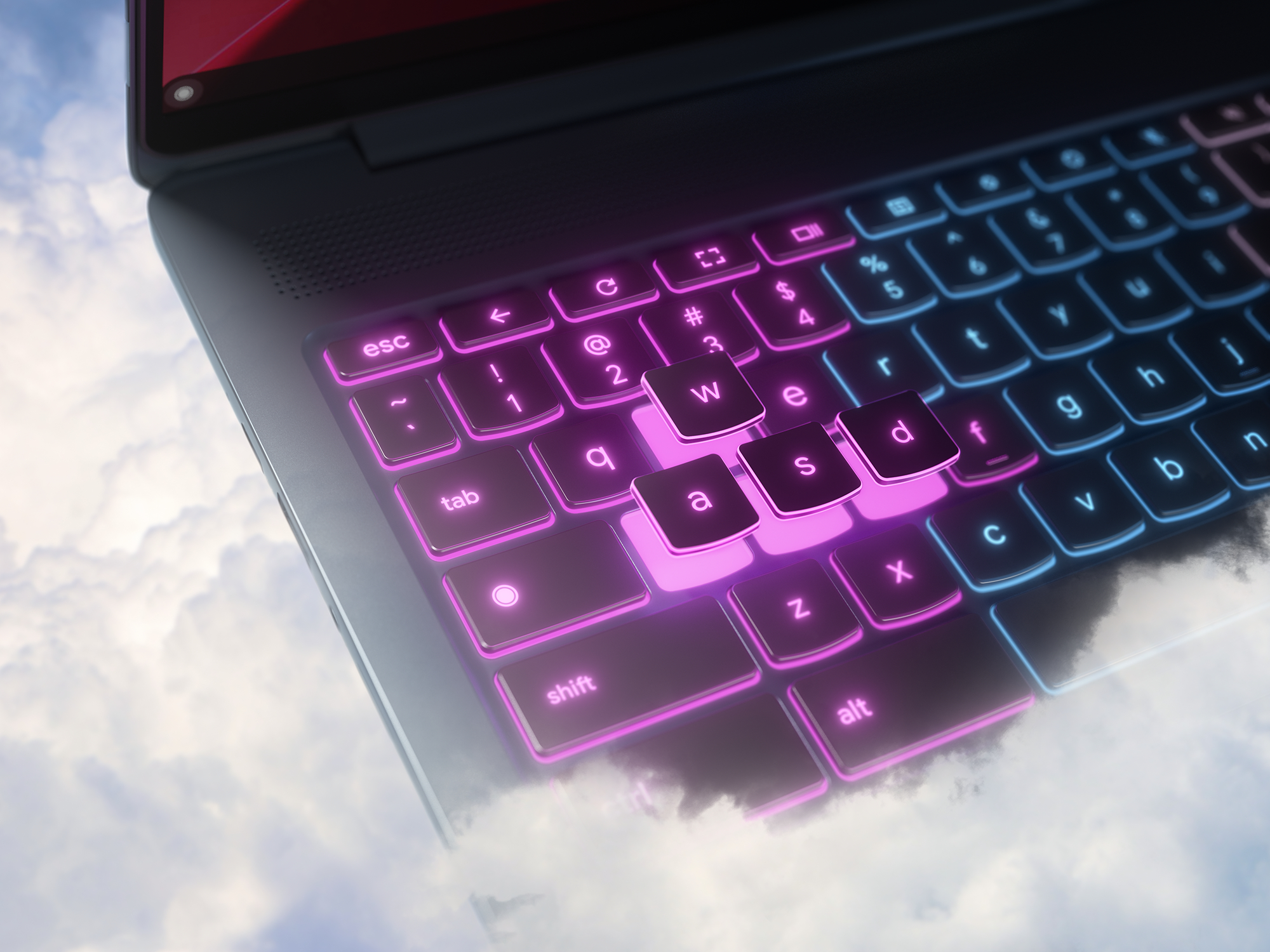 Laptop-Tastatur mit beleuchteten WASD-Tasten. In Wolken schwebend, Tasten sind pink und blau.
