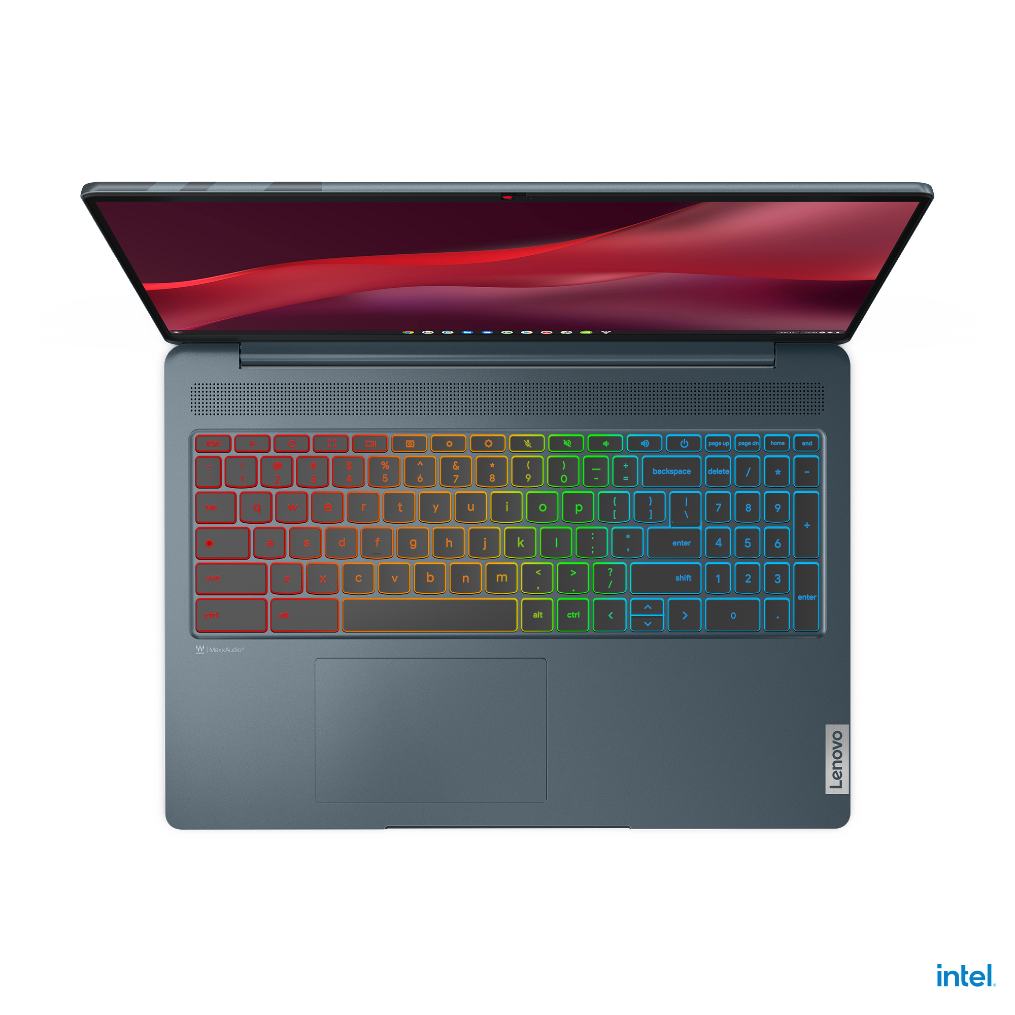 Ein Laptop mit bunter Tastatur, Draufsicht, mit weißem Hintergrund.